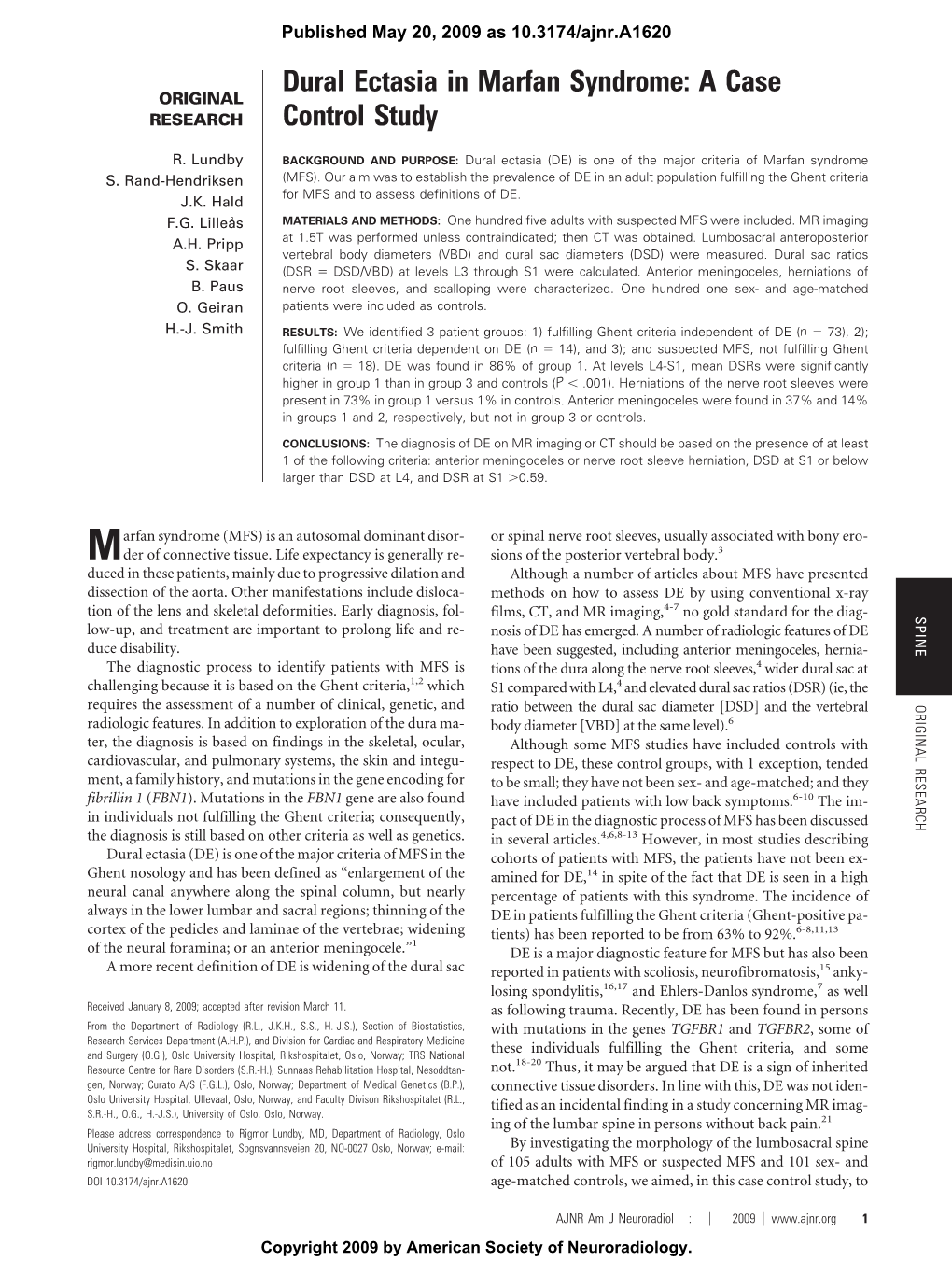 Dural Ectasia in Marfan Syndrome: a Case Control Study