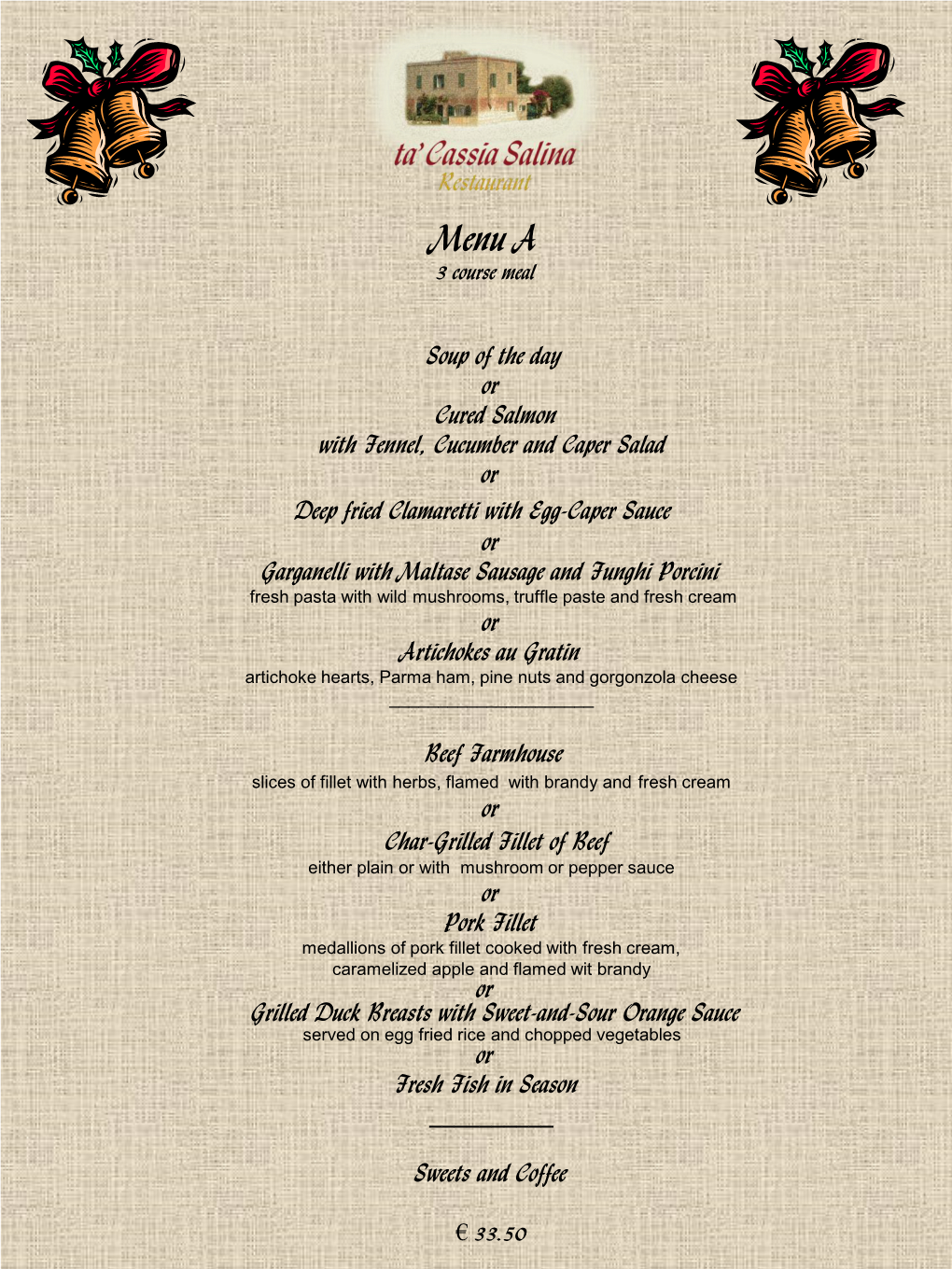 Menu a 3 Course Meal