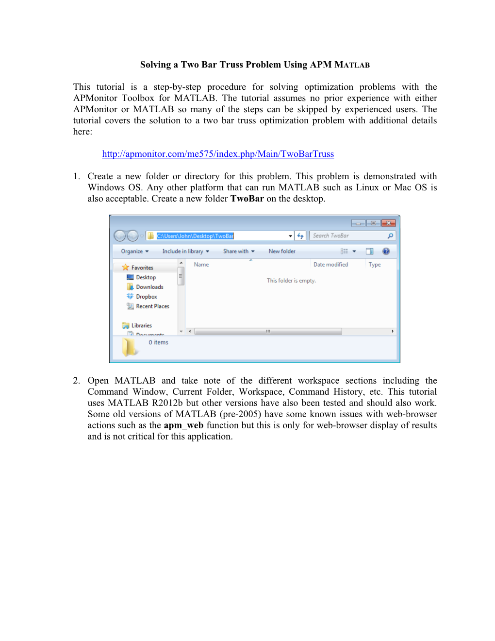 Solving a Two Bar Truss Problem Using APM MATLAB This Tutorial Is