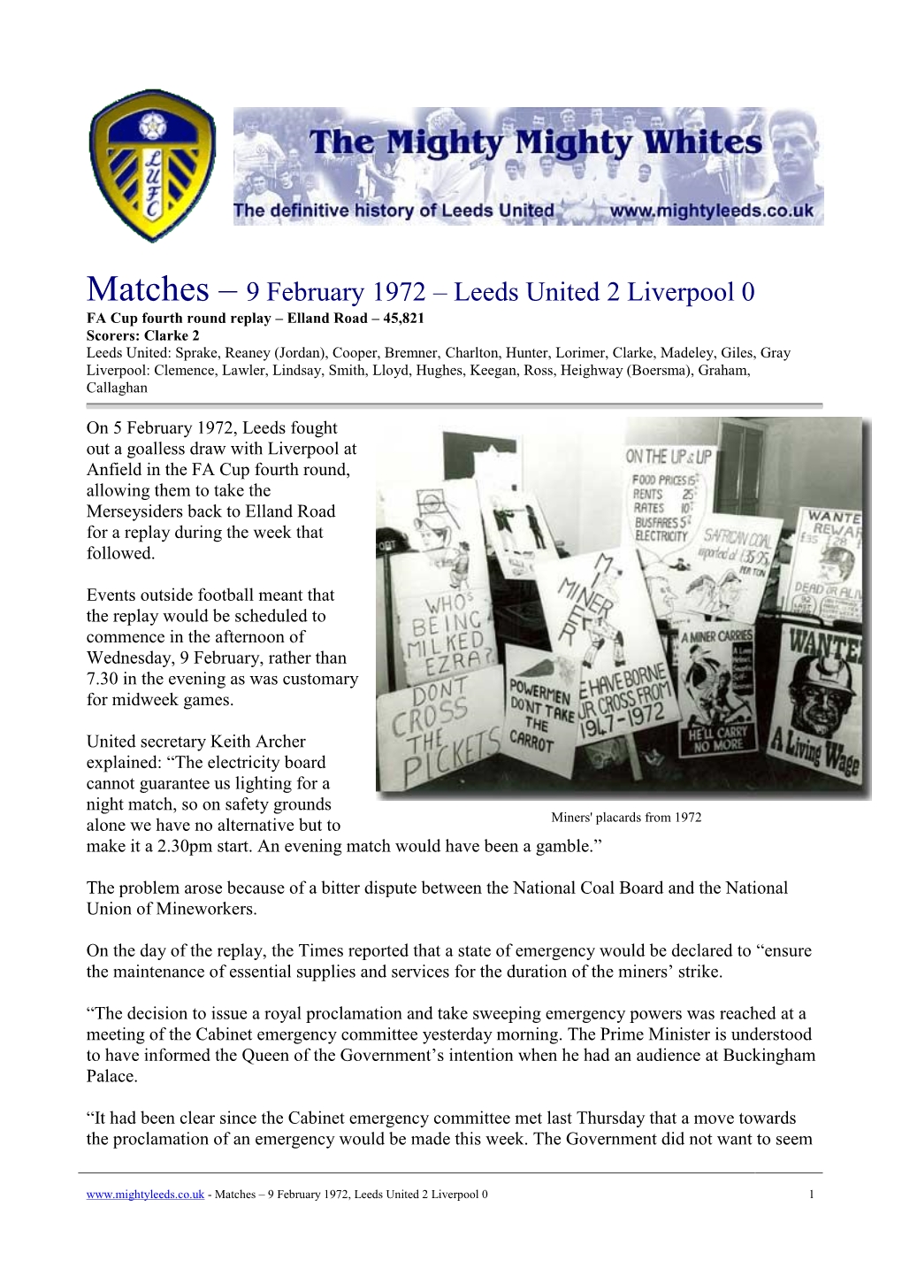 Matches – 9 February 1972 – Leeds United 2 Liverpool 0