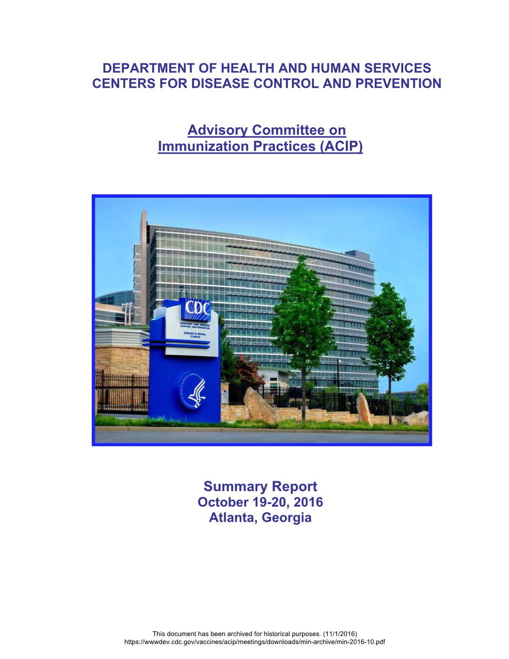 Advisory Committee on Immunization Services (ACIP), October 19-20, 2016 Meeting Minutes