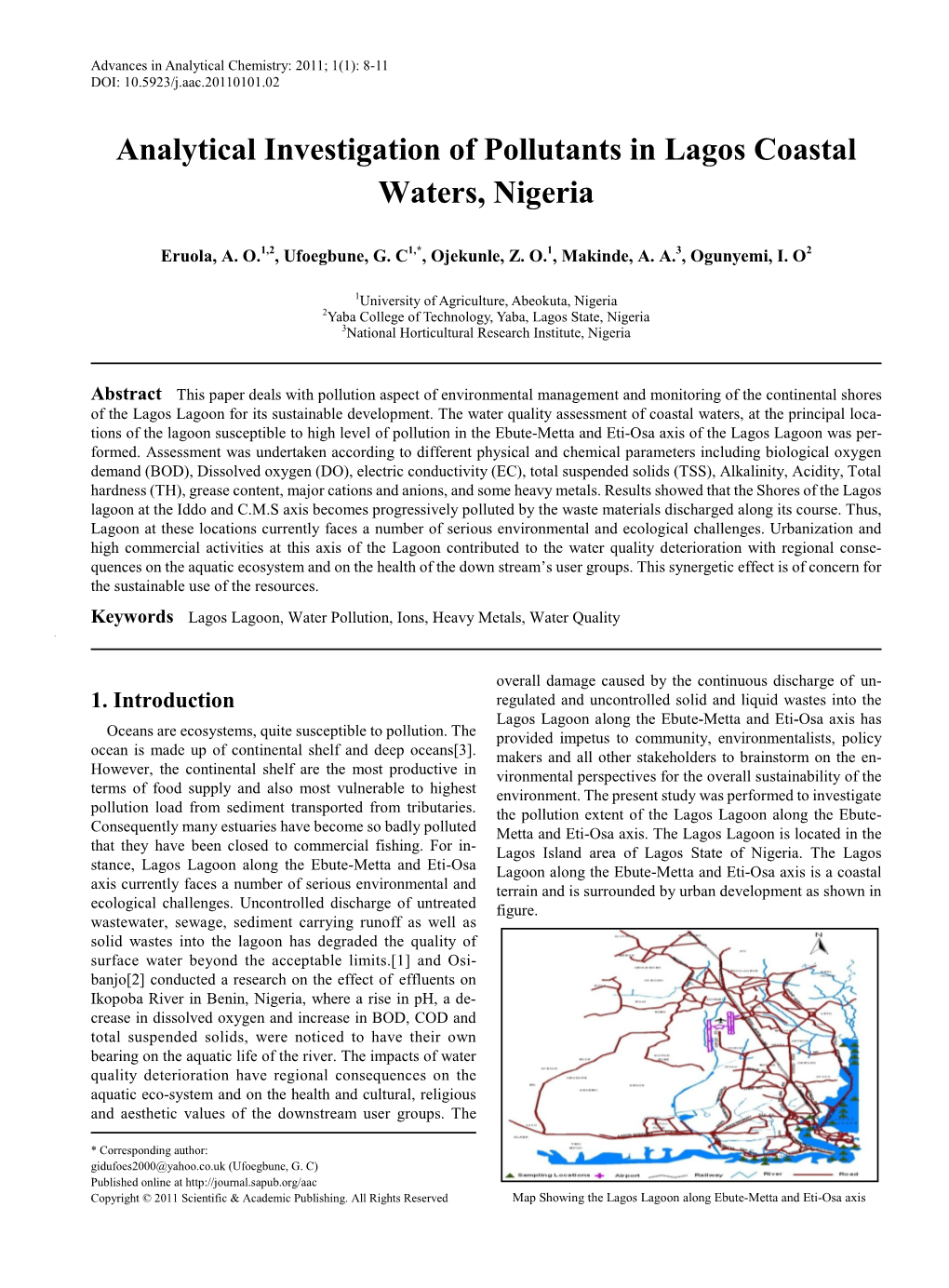 Lagos Lagoon, Water Pollution, Ions, Heavy Metals, Water Quality