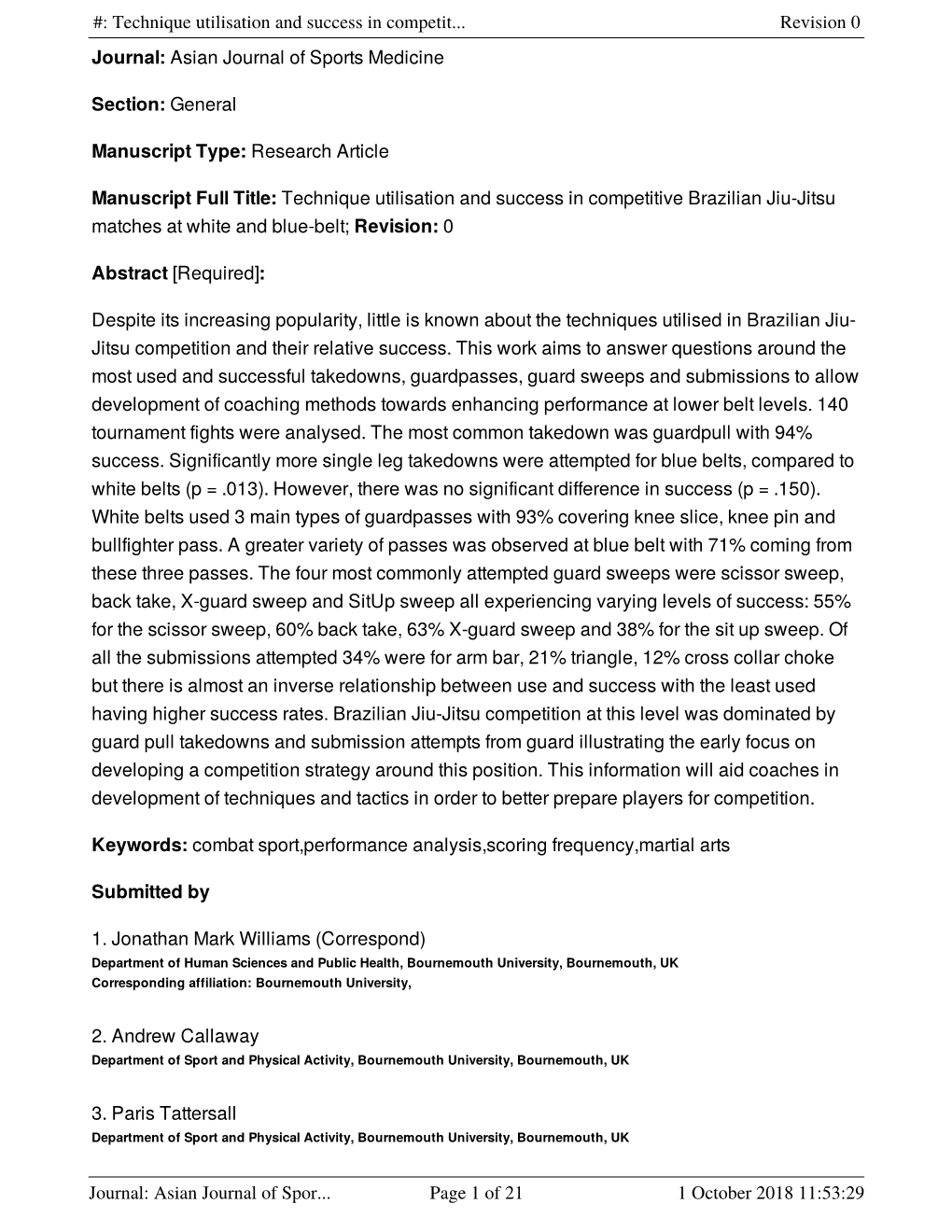 Technique Utilisation and Success in Competit... Revision 0 Journal: Asian Journal of Sports Medicine