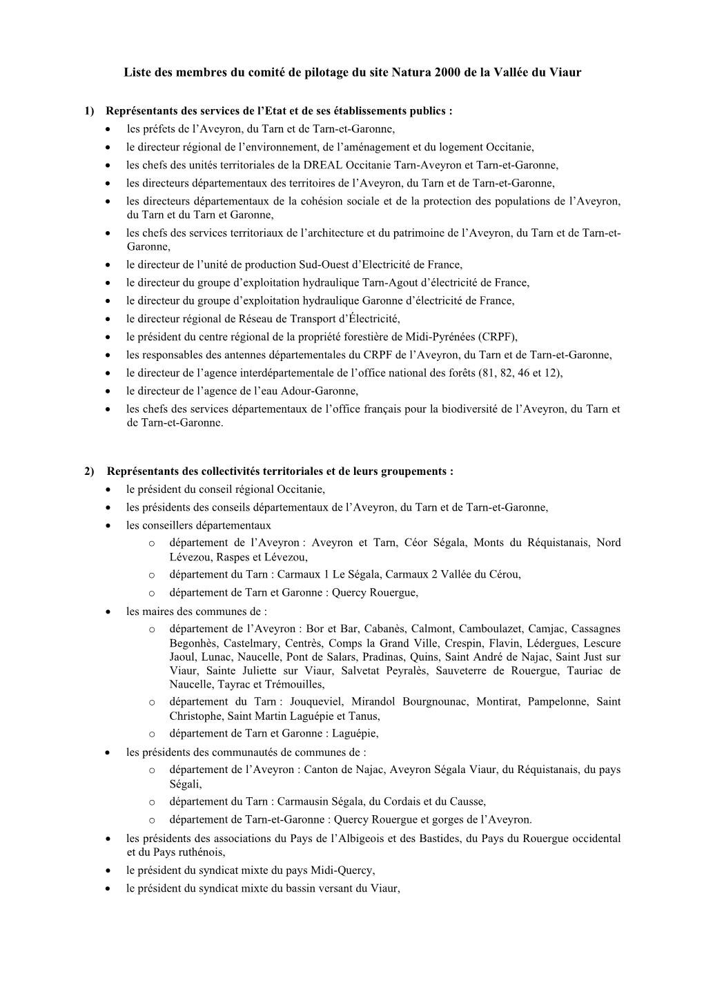Liste Des Membres Du Comité De Pilotage Du Site Natura 2000 De La Vallée Du Viaur