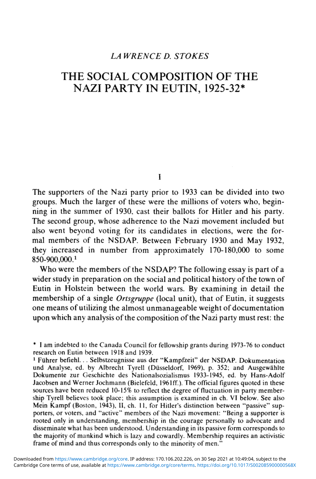 The Social Composition of the Nazi Party in Eutin, 1925–32