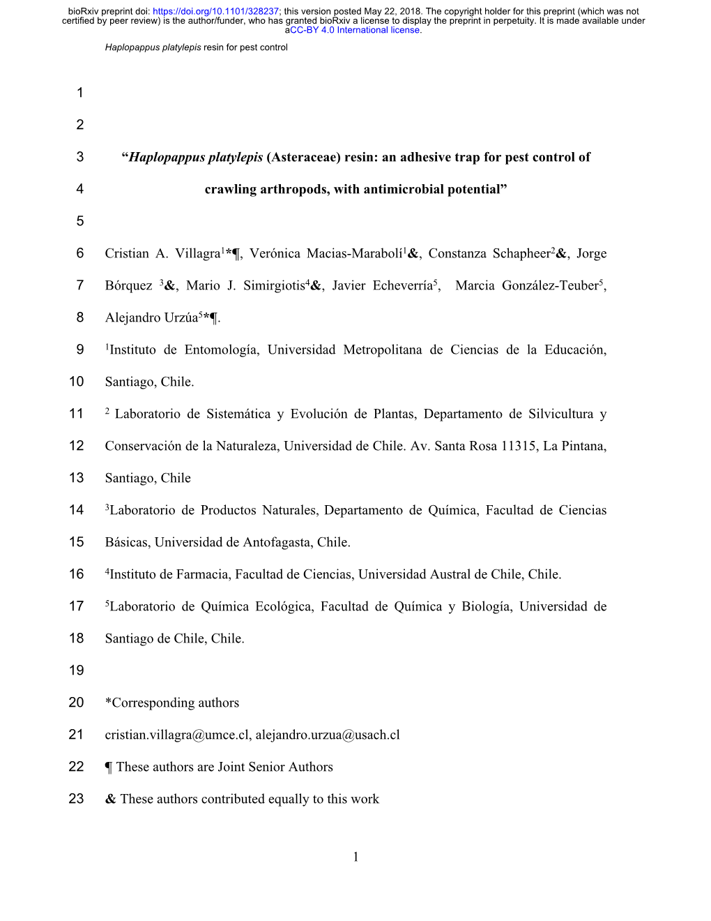 “Haplopappus Platylepis (Asteraceae) Resin: an Adhesive Trap for Pest Control Of