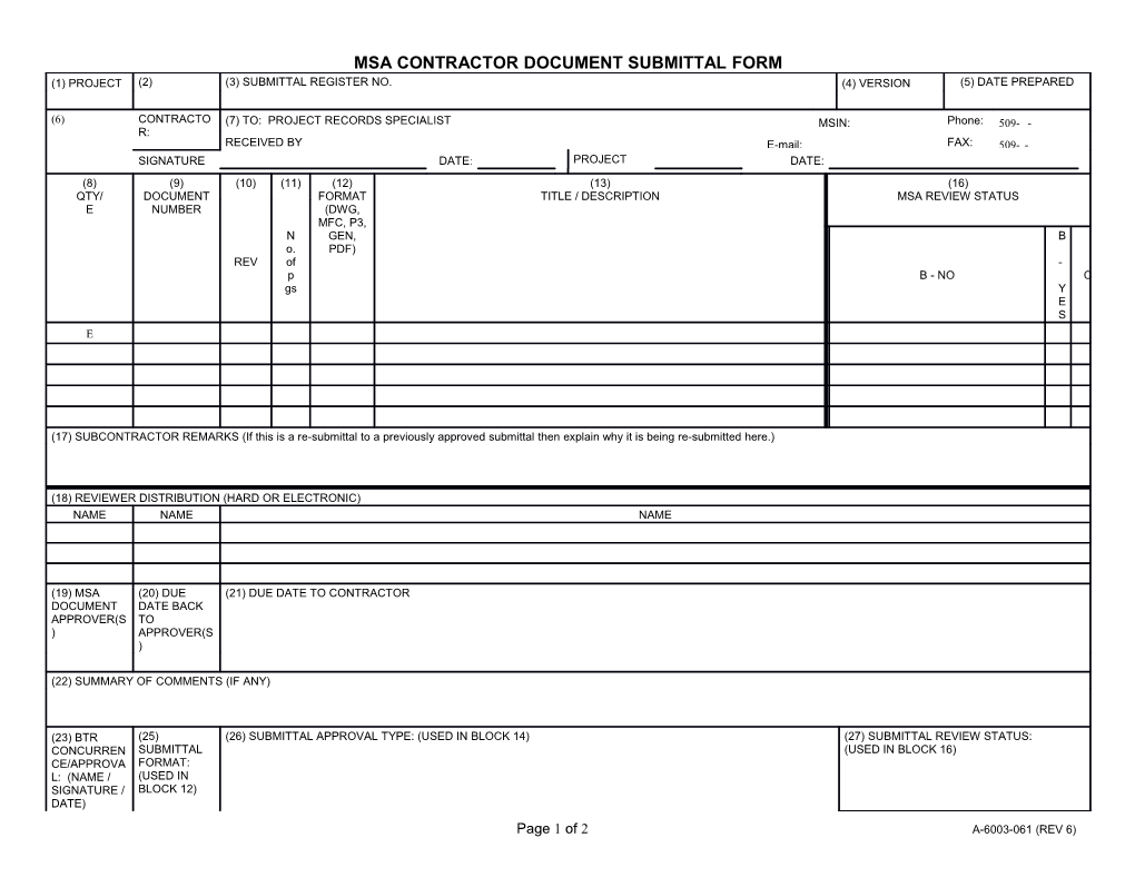 Msa Contractor Document Submittal Form