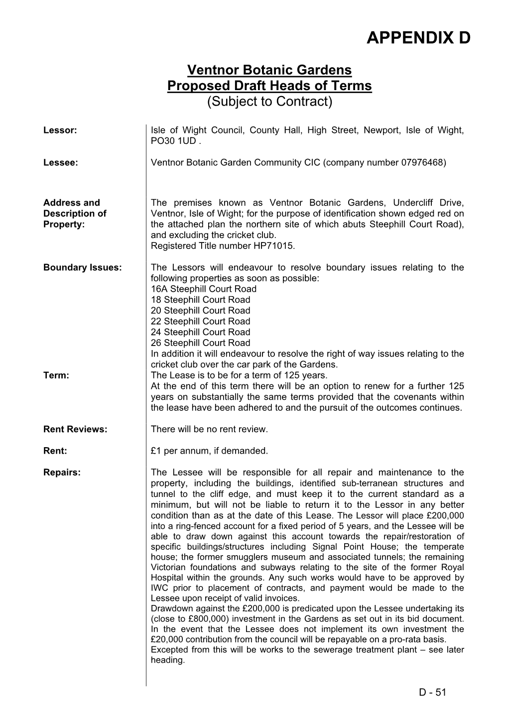 Ventnor Botanic Gardens Proposed Draft Heads of Terms (Subject to Contract)