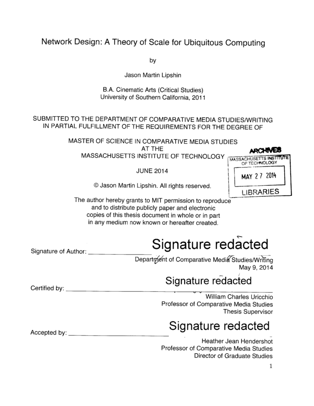 Signature Redacted Departrgnt of Comparative Medi Studies/Wrifing May 9, 2014