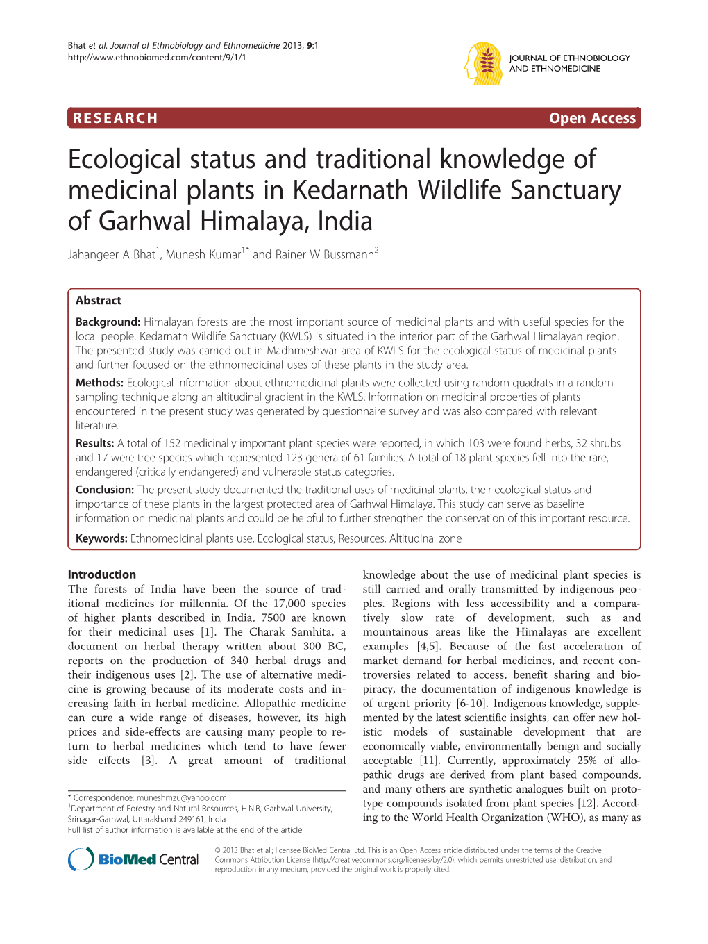 Ecological Status and Traditional Knowledge of Medicinal Plants In
