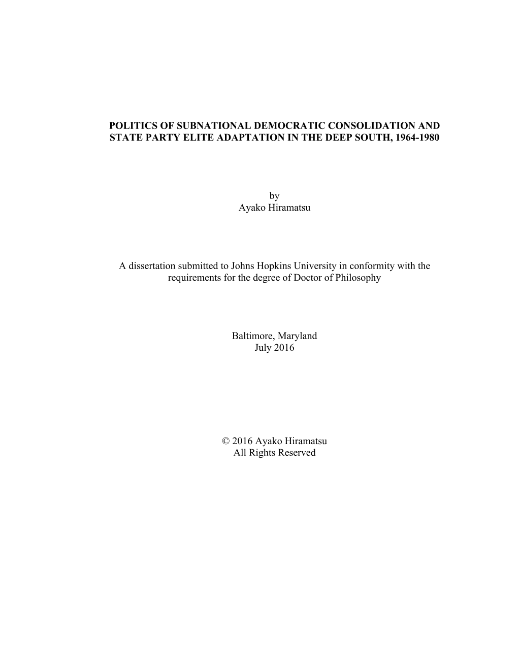 Politics of Subnational Democratic Consolidation and State Party Elite Adaptation in the Deep South, 1964-1980