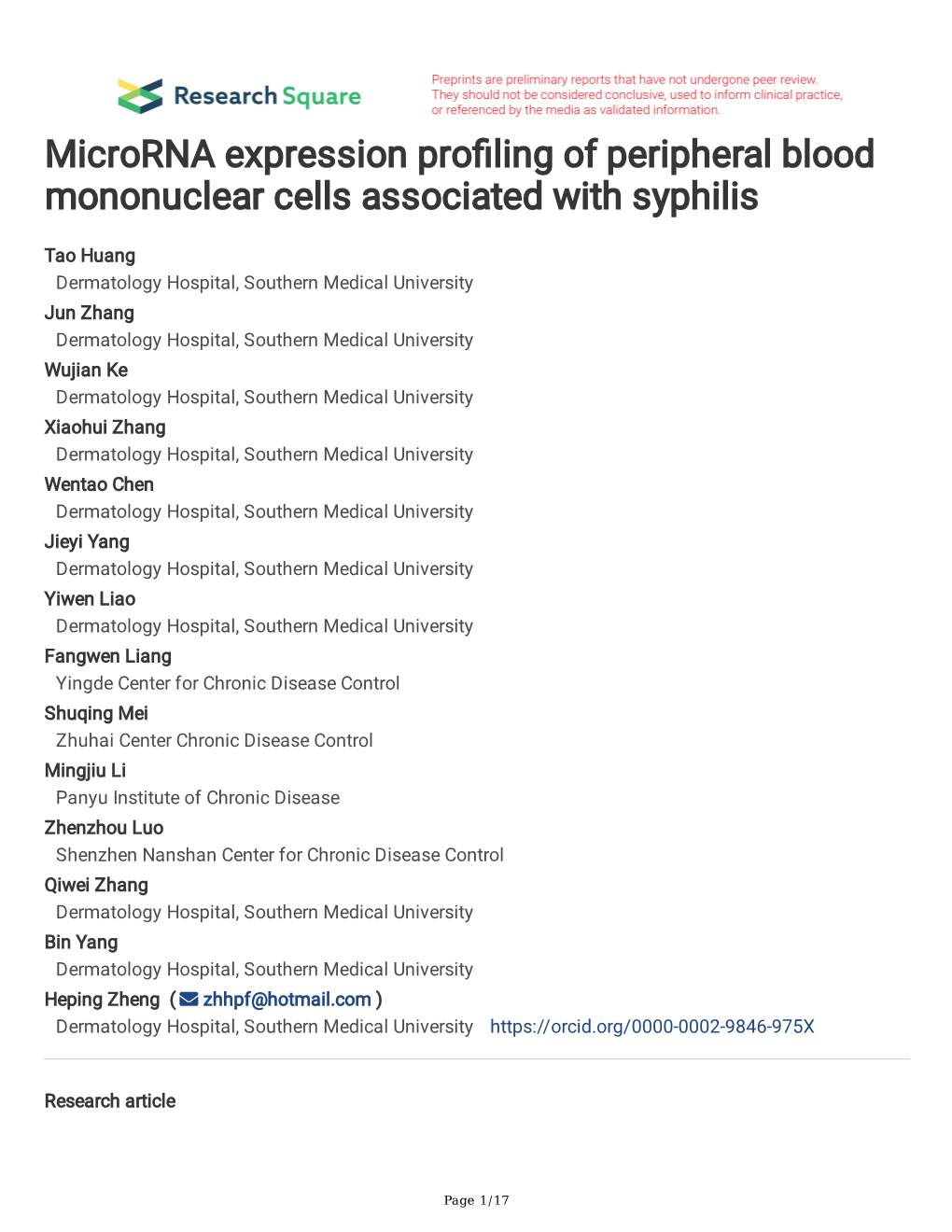 Microrna Expression Profiling of Peripheral Blood Mononuclear Cells Associated with Syphilis