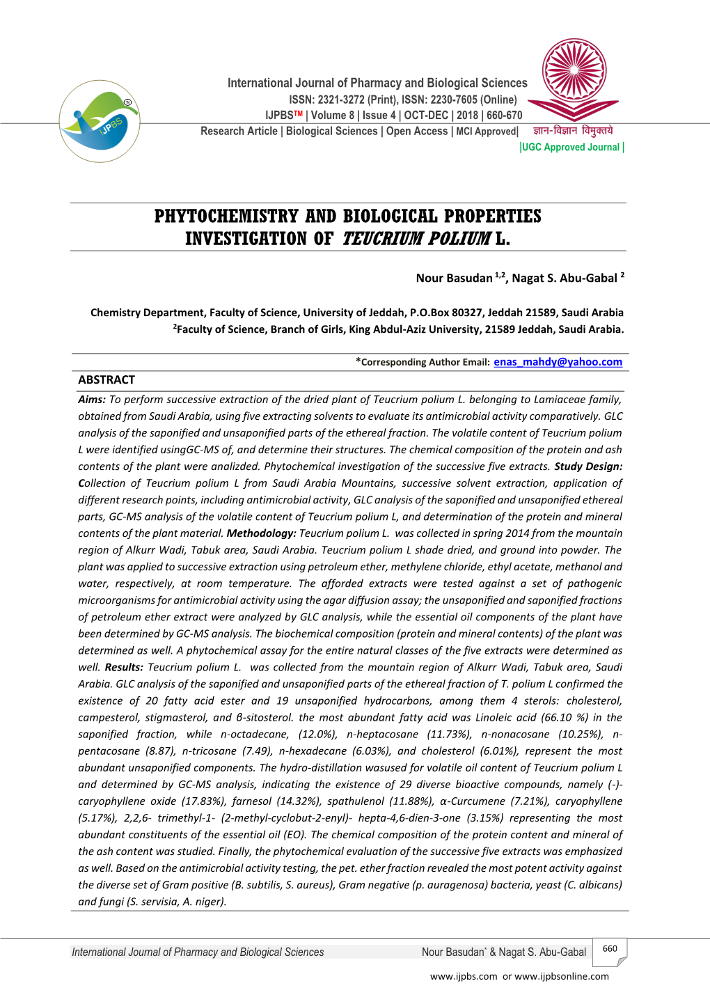 Phytochemistry and Biological Properties Investigation of Teucrium Polium L