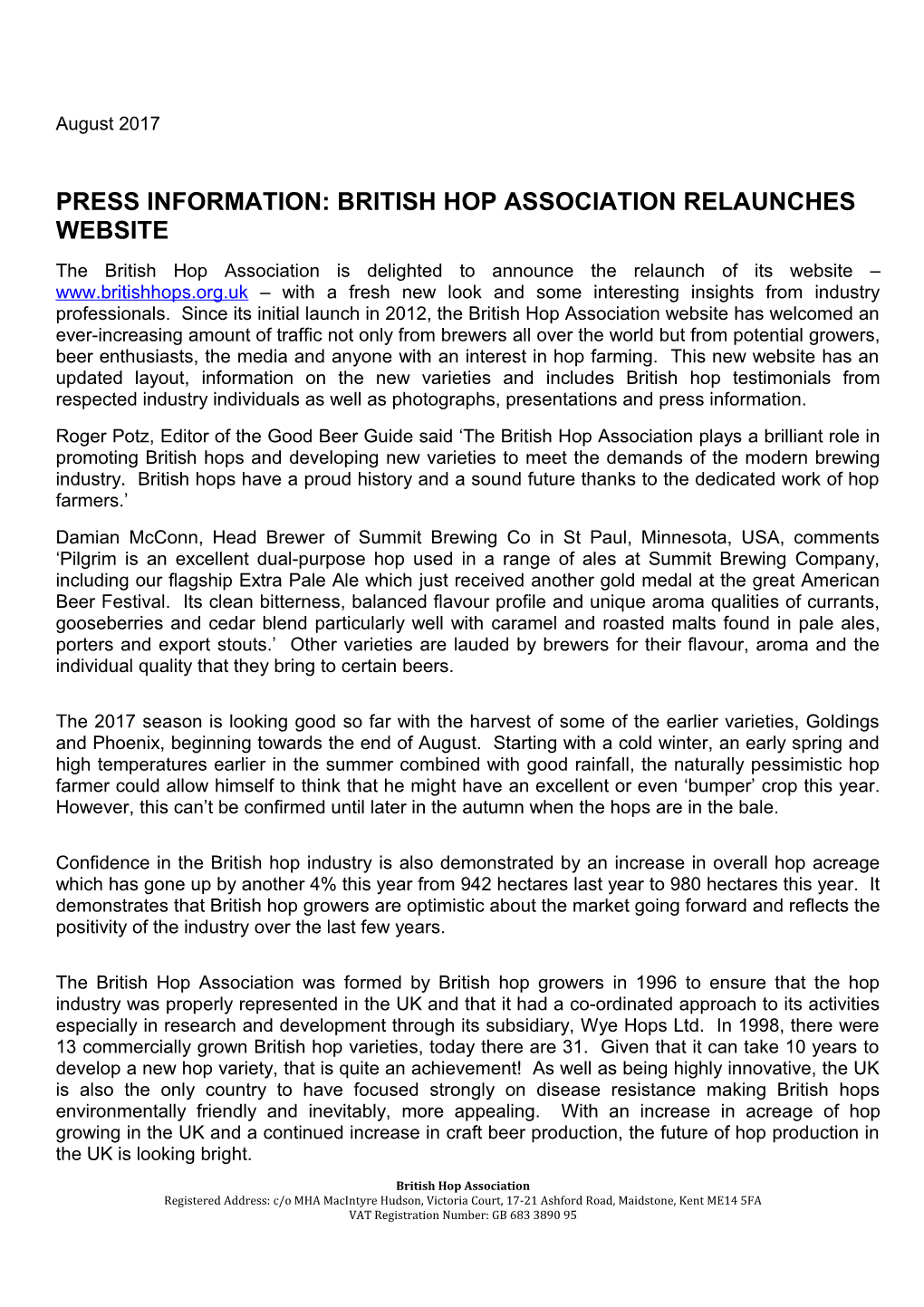 Press Information: British Hop Association Relaunches Website