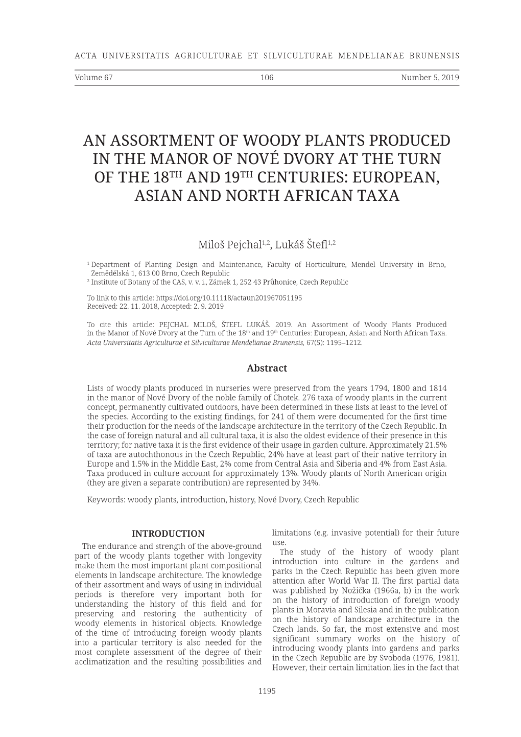 An Assortment of Woody Plants Produced in the Manor of Nové Dvory at the Turn of the 18Th and 19Th Centuries: European, Asian and North African Taxa