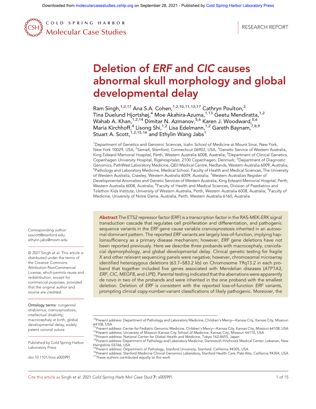 Deletion of ERF and CIC Causes Abnormal Skull Morphology and Global Developmental Delay