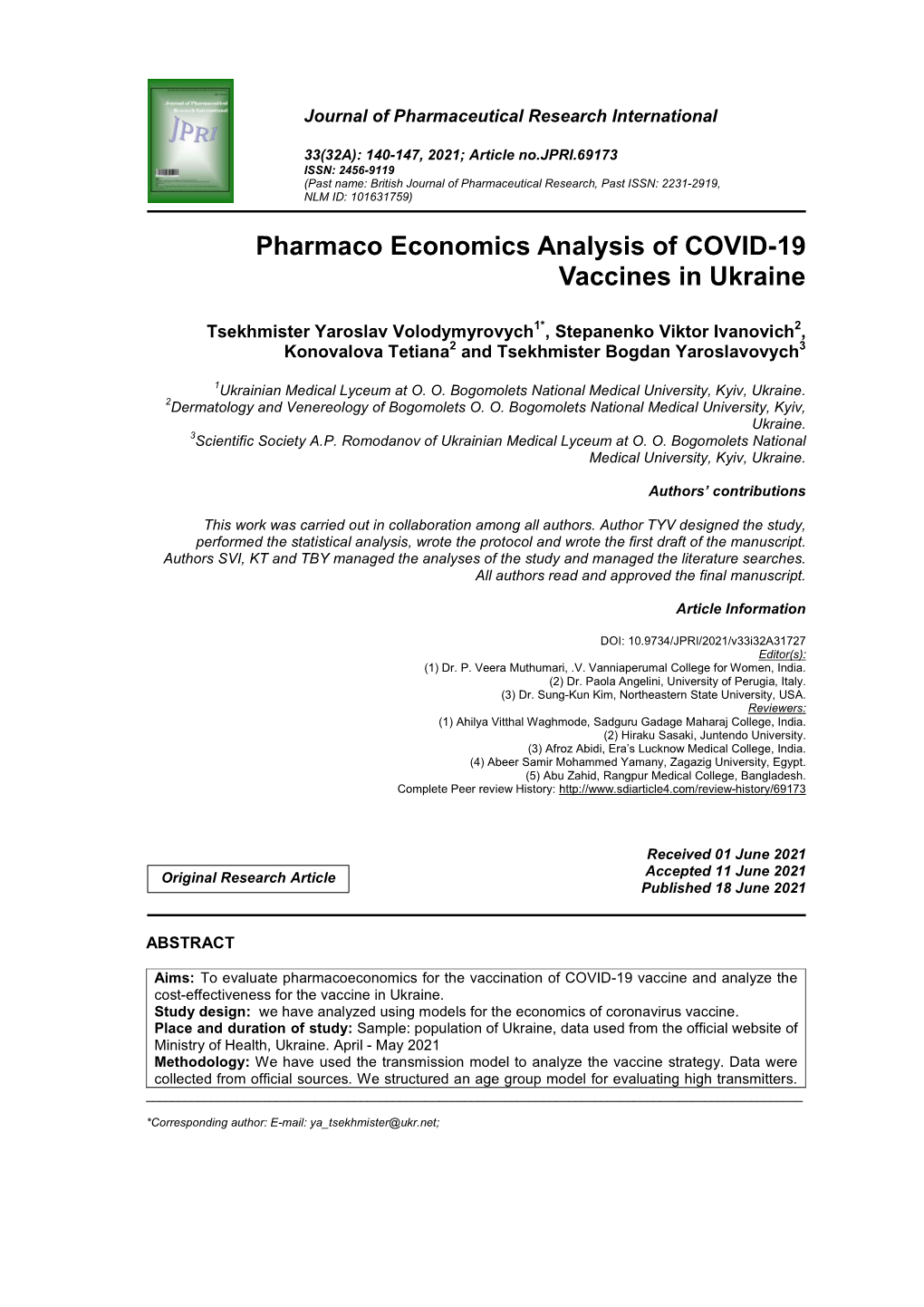 Pharmaco Economics Analysis of COVID-19 Vaccines in Ukraine