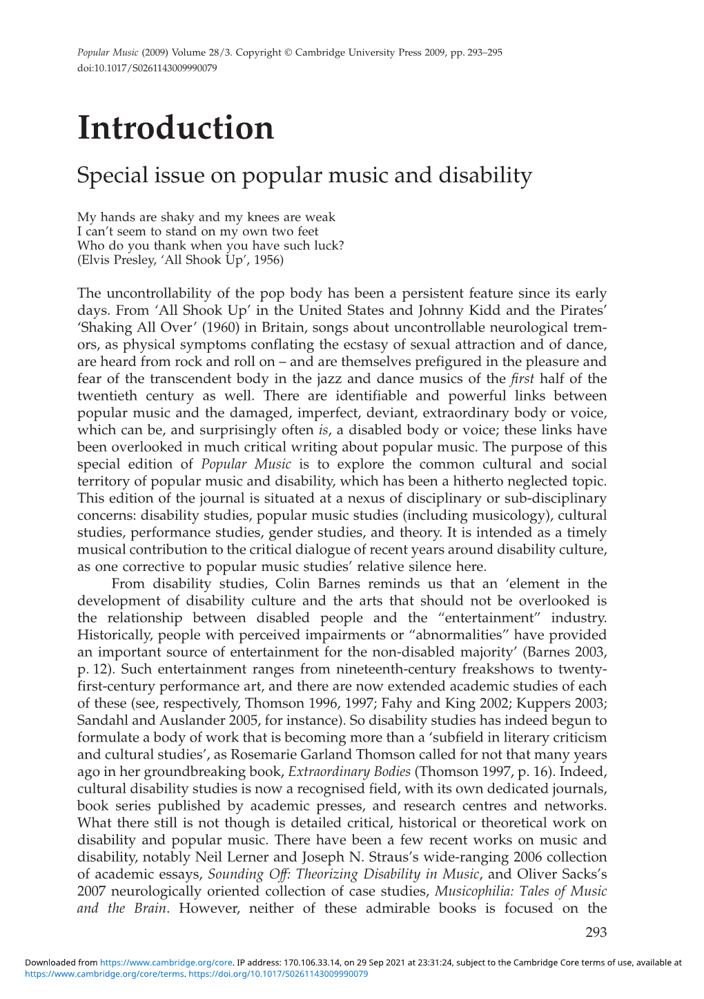 Introduction Special Issue on Popular Music and Disability