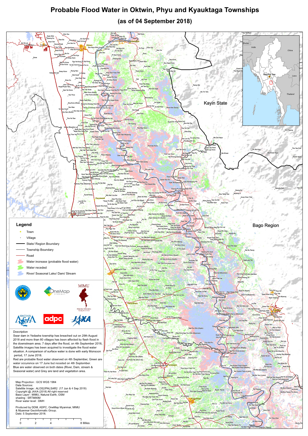 Probable Flood Water in Oktwin, Phyu and Kyauktaga Townships (As of 04 September 2018)