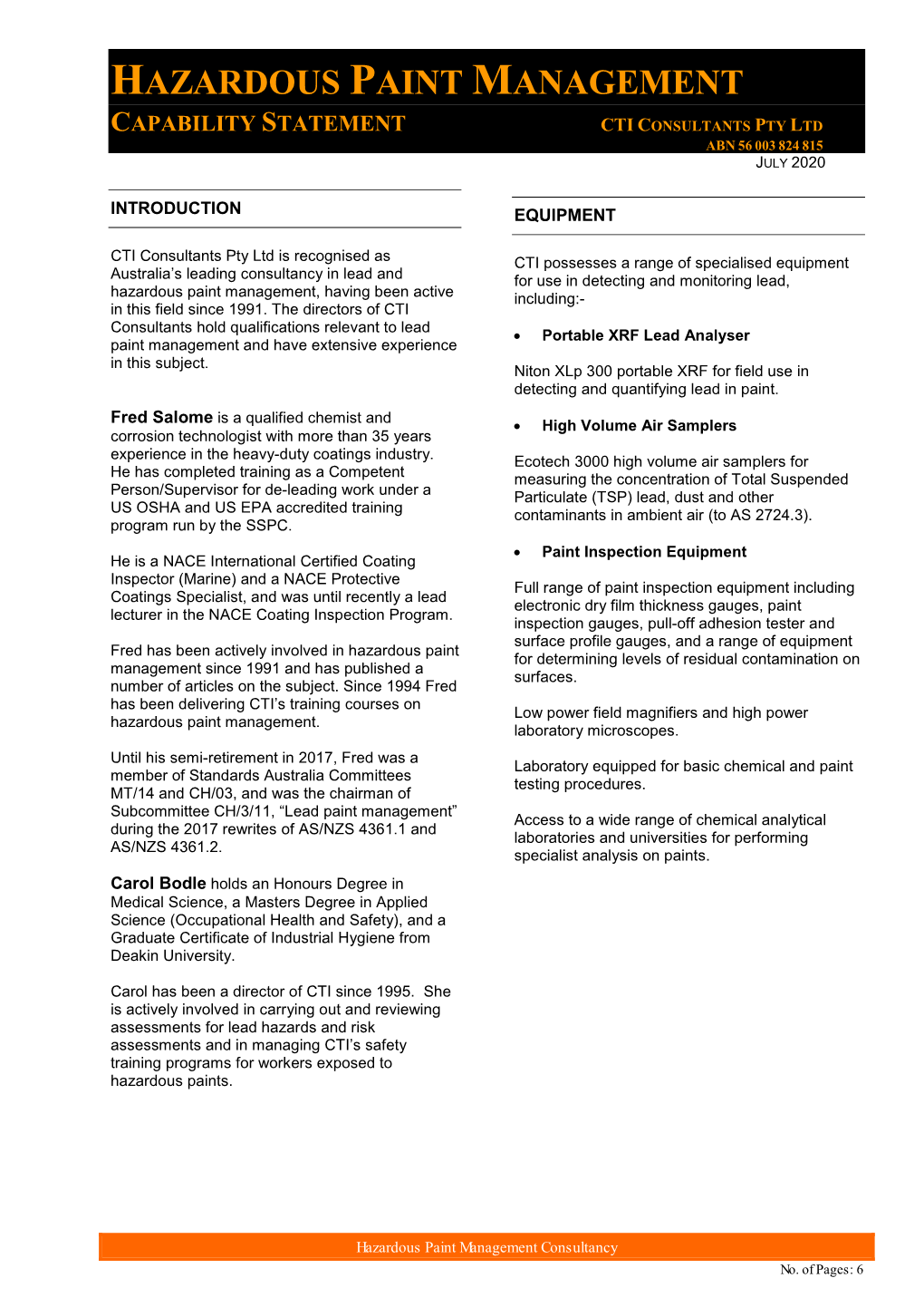 Hazardous Paint Management Capability Statement Cti Consultants Pty Ltd Abn 56 003 824 815 July 2020