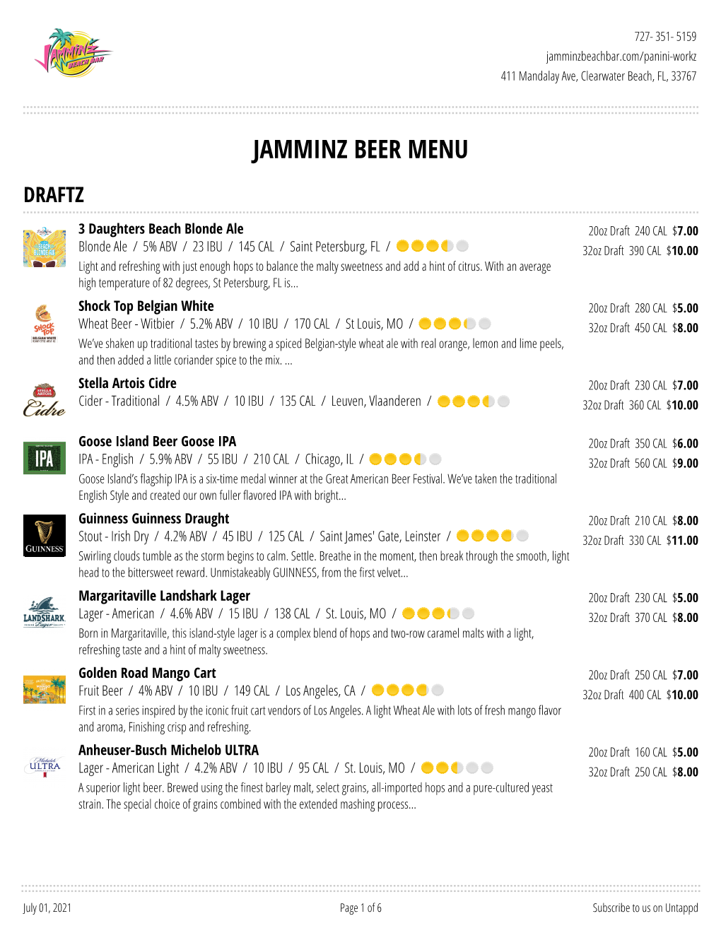 Jamminz Beer Menu