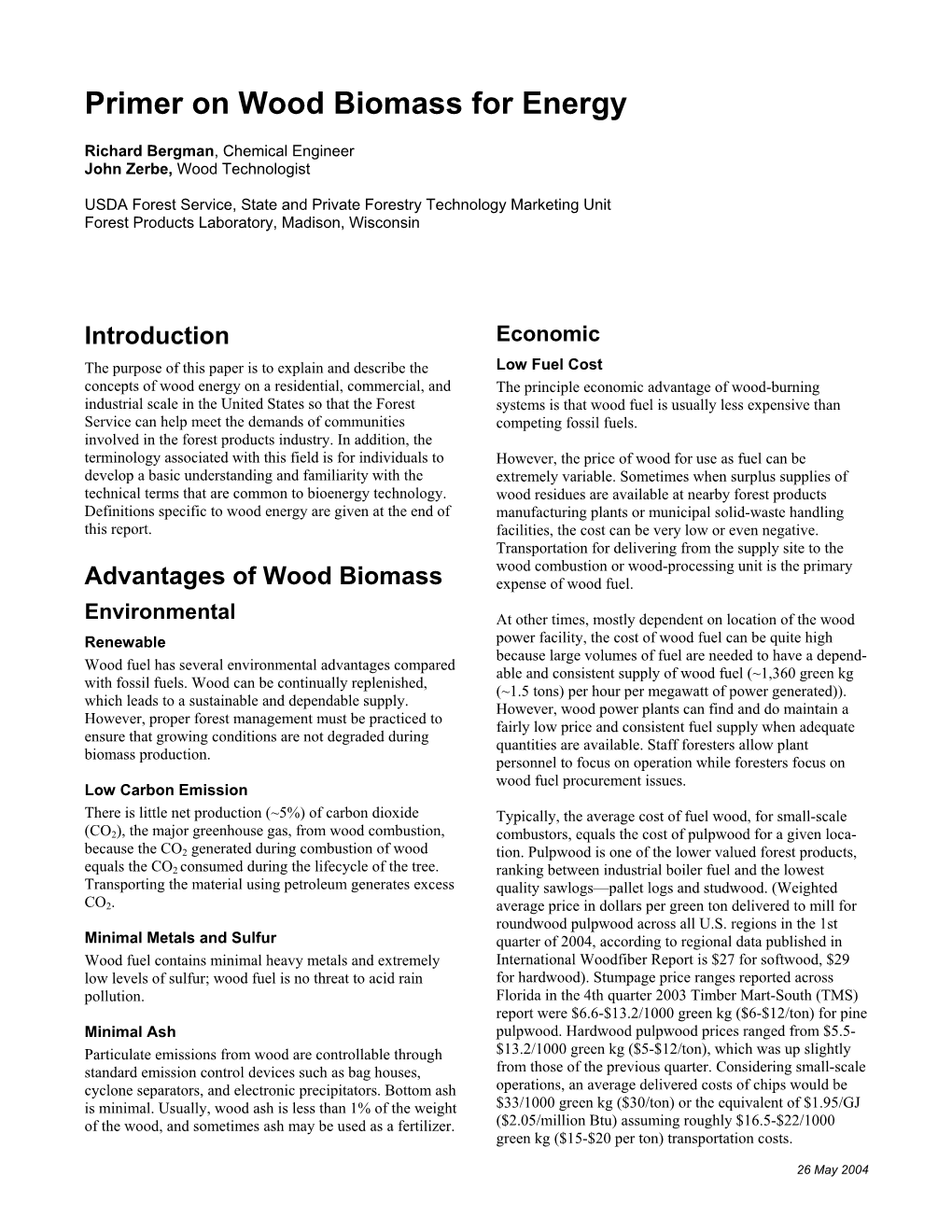 Primer on Wood Biomass for Energy