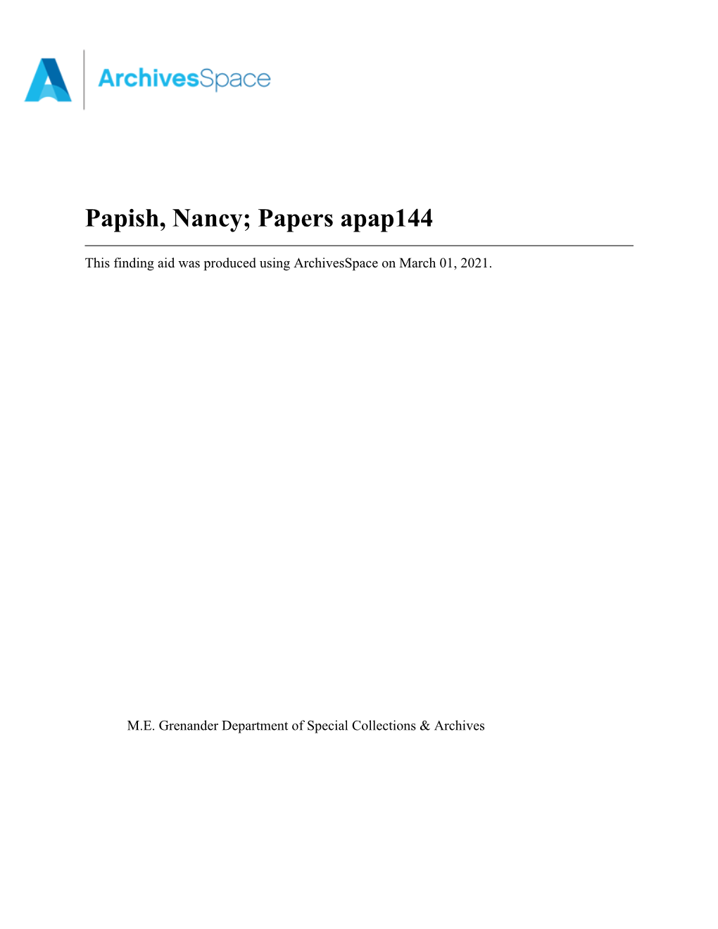 Papish, Nancy; Papers Apap144