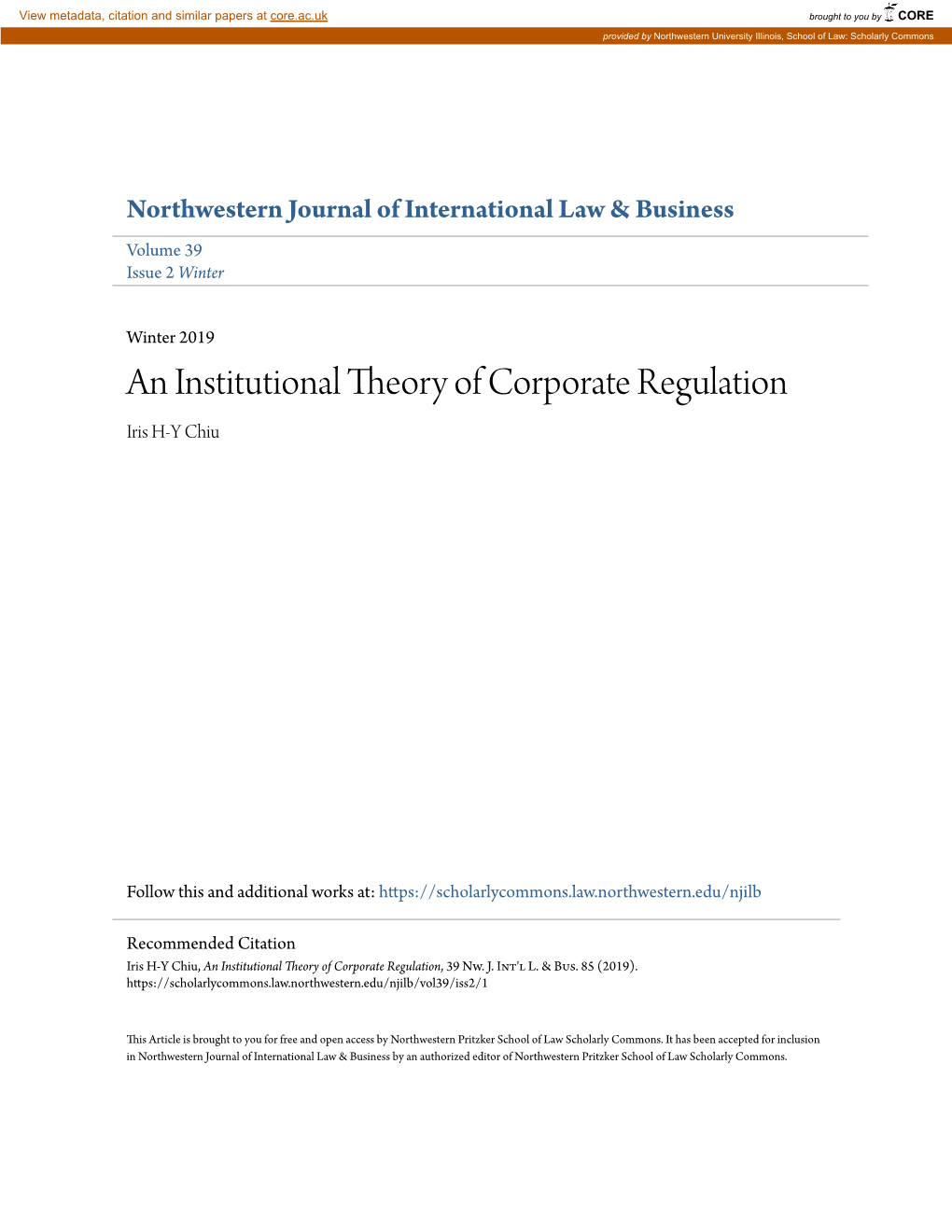 An Institutional Theory of Corporate Regulation Iris H-Y Chiu