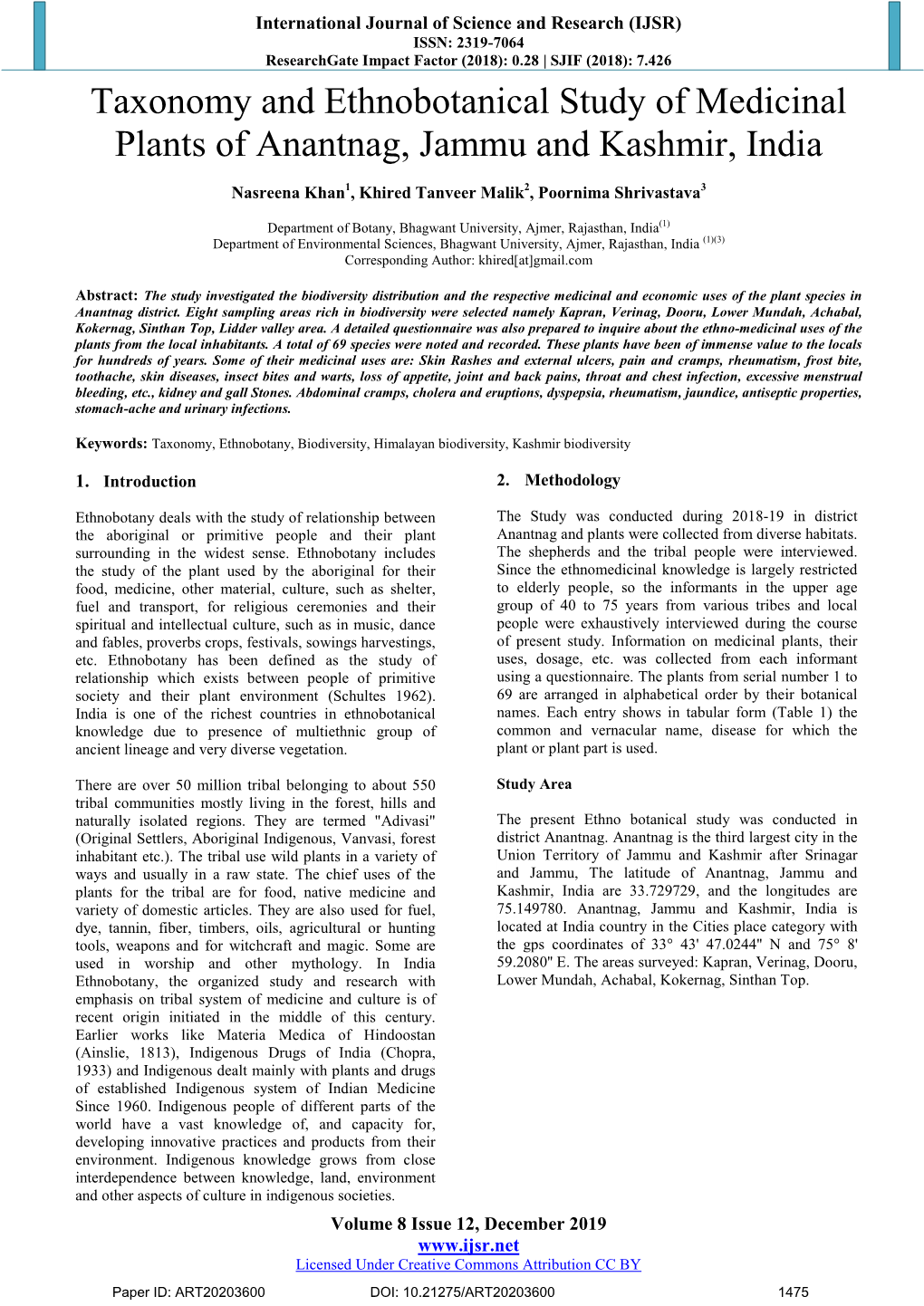 Taxonomy and Ethnobotanical Study of Medicinal Plants of Anantnag, Jammu and Kashmir, India