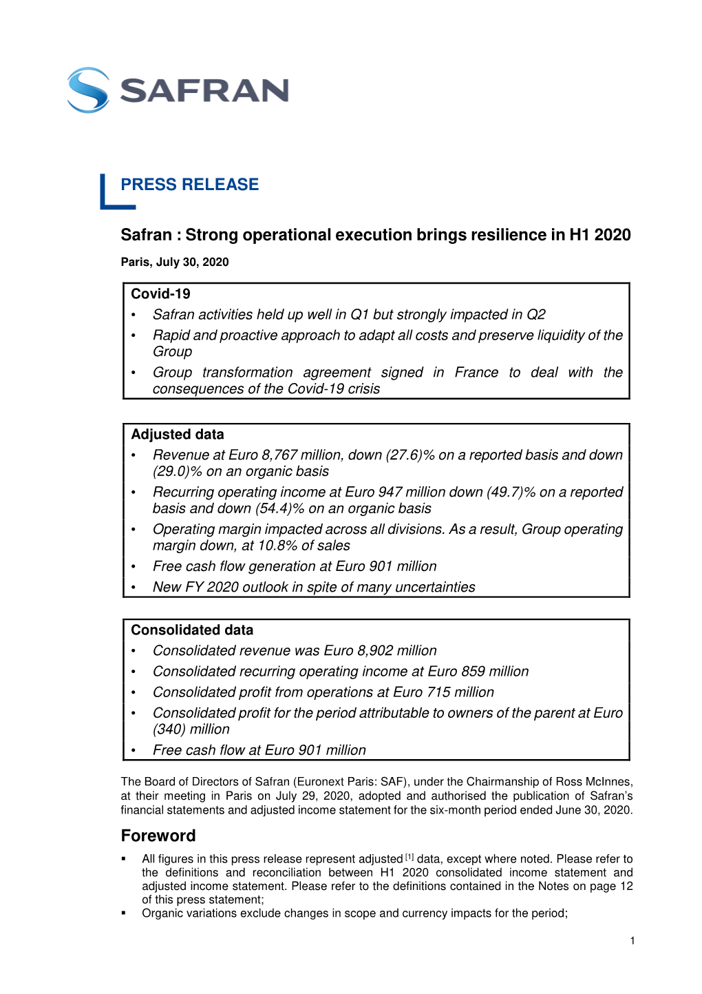 PR Safran H1 2020 Results Va