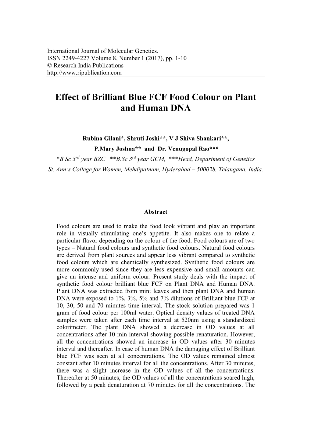 Effect of Brilliant Blue FCF Food Colour on Plant and Human DNA