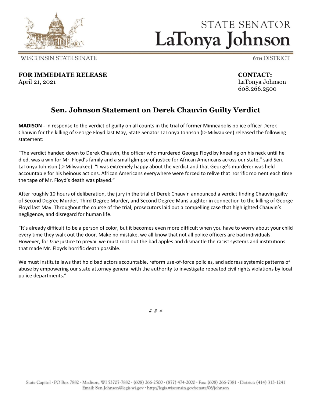 Sen. Johnson Statement on Derek Chauvin Guilty Verdict