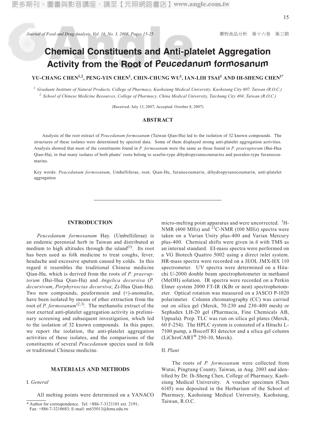 Chemical Constituents and Anti-Platelet Aggregation Activity from the Root of Peucedanum Formosanum