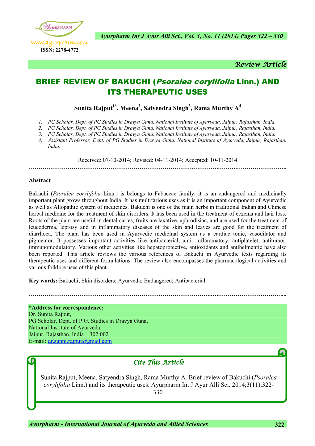 BRIEF REVIEW of BAKUCHI (Psoralea Corylifolia Linn.) and ITS THERAPEUTIC USES