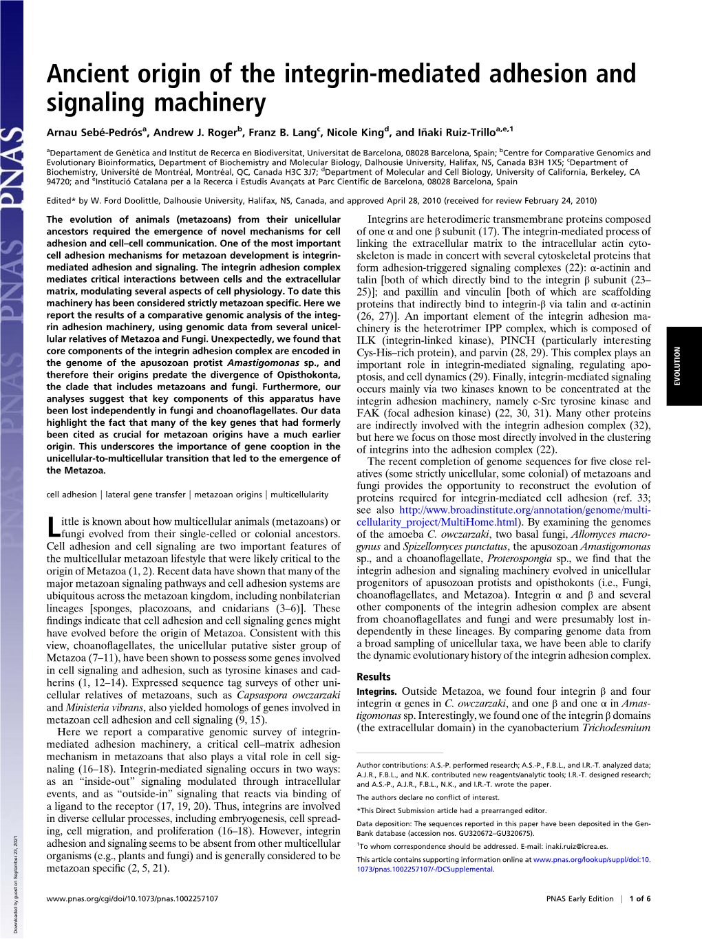 Ancient Origin of the Integrin-Mediated Adhesion and Signaling Machinery