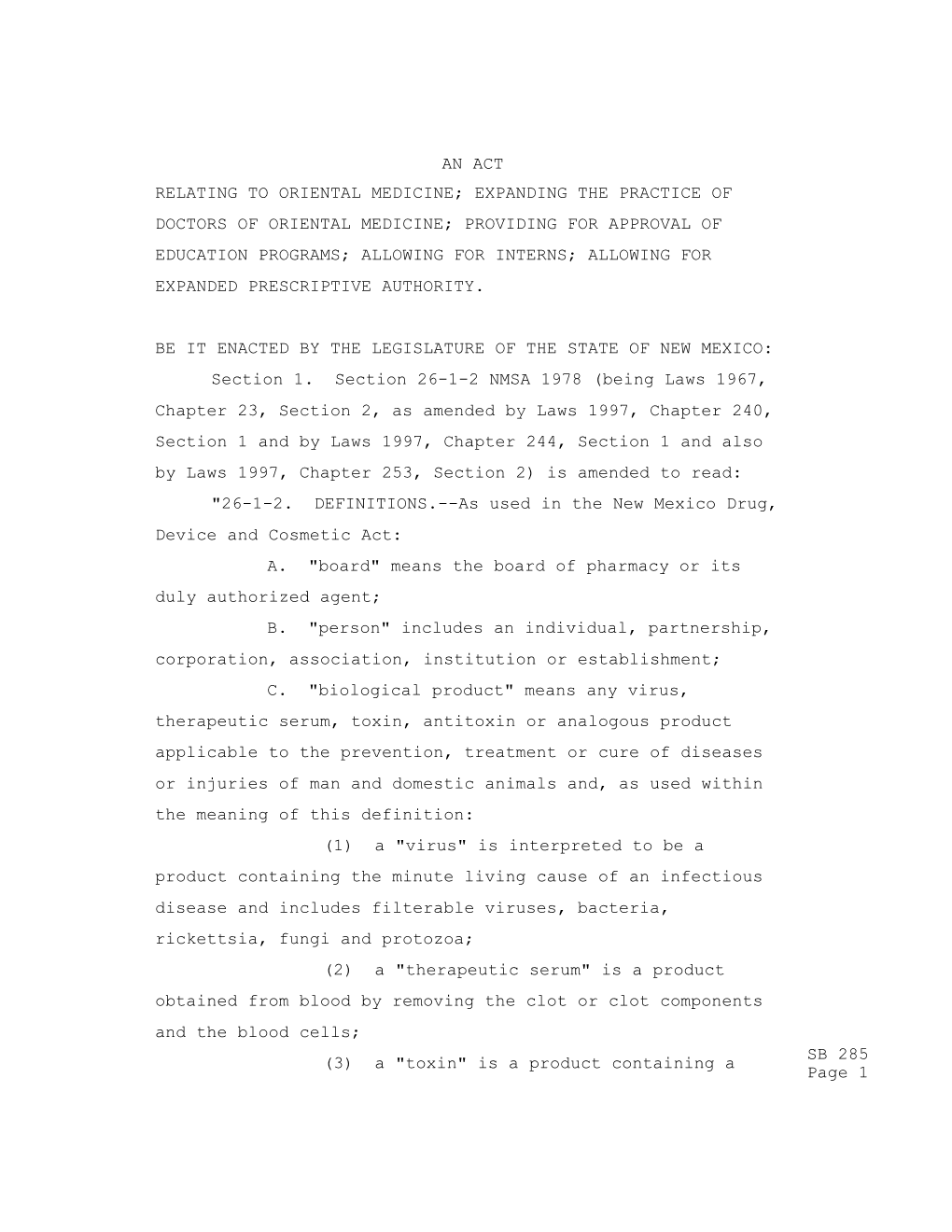SB 285 Page 1 an ACT RELATING TO