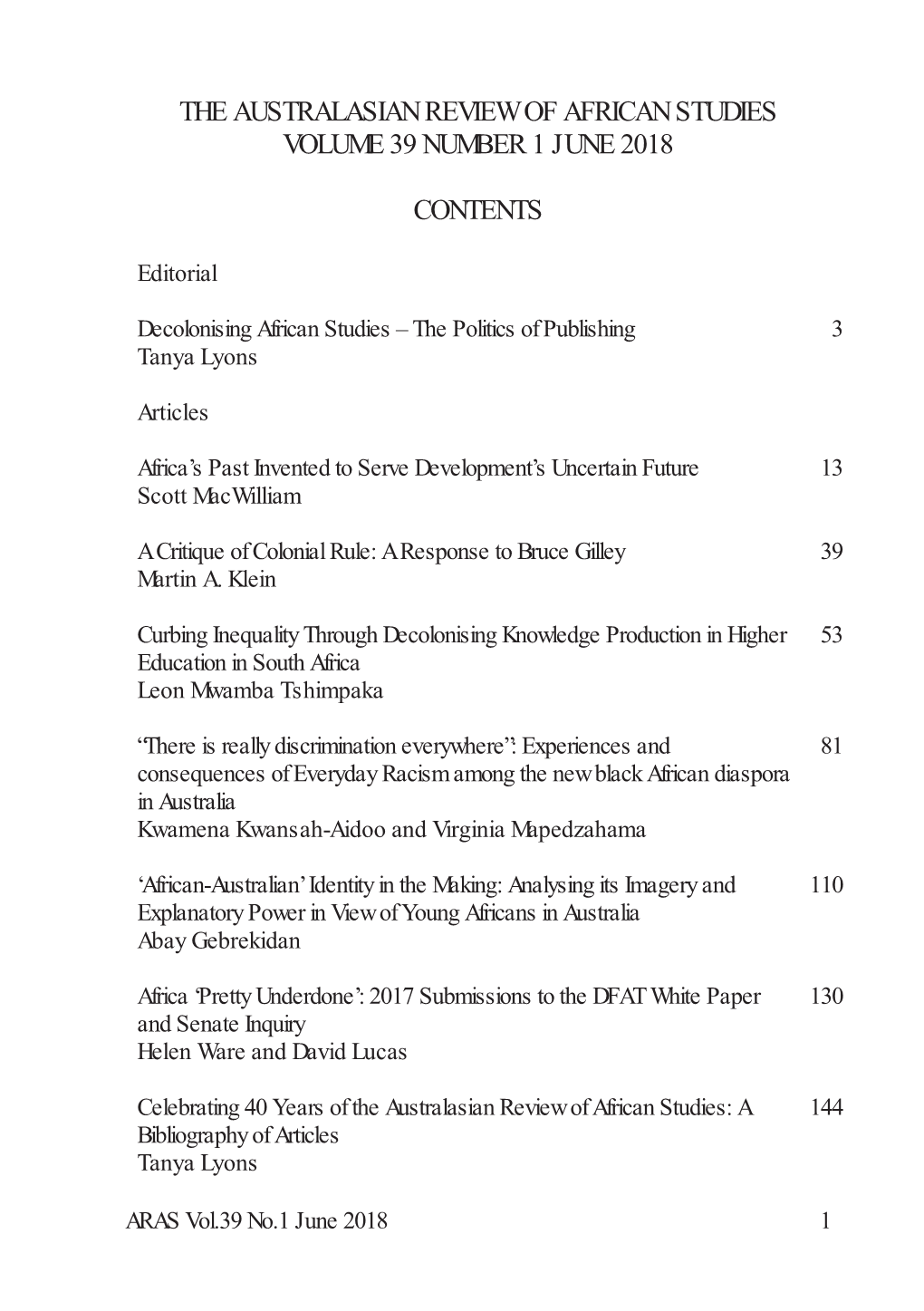 The Australasian Review of African Studies Volume 39 Number 1 June 2018