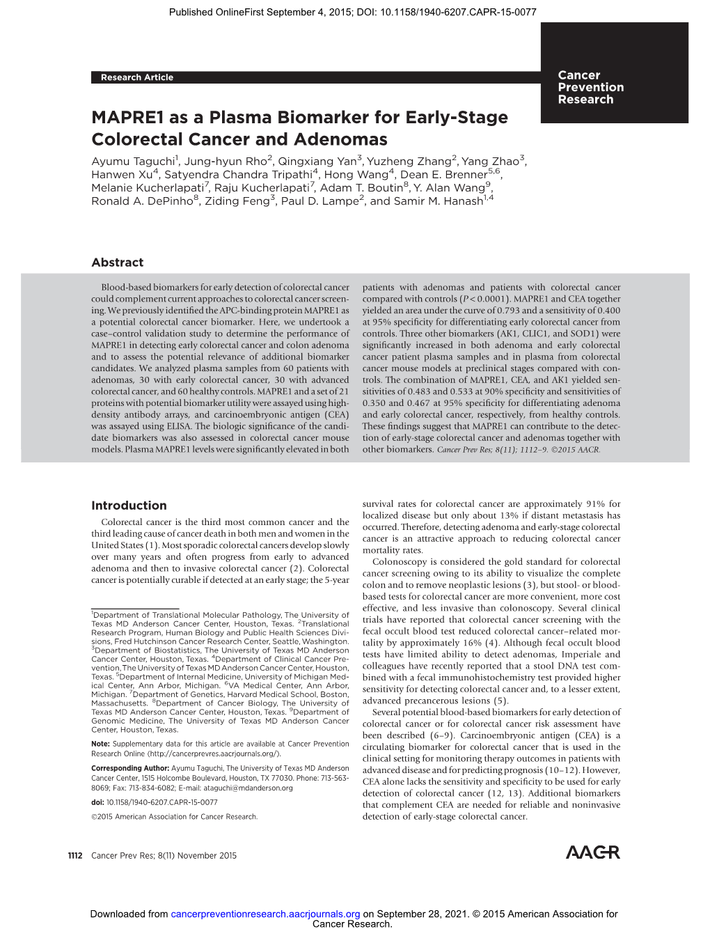 MAPRE1 As a Plasma Biomarker for Early-Stage Colorectal Cancer And