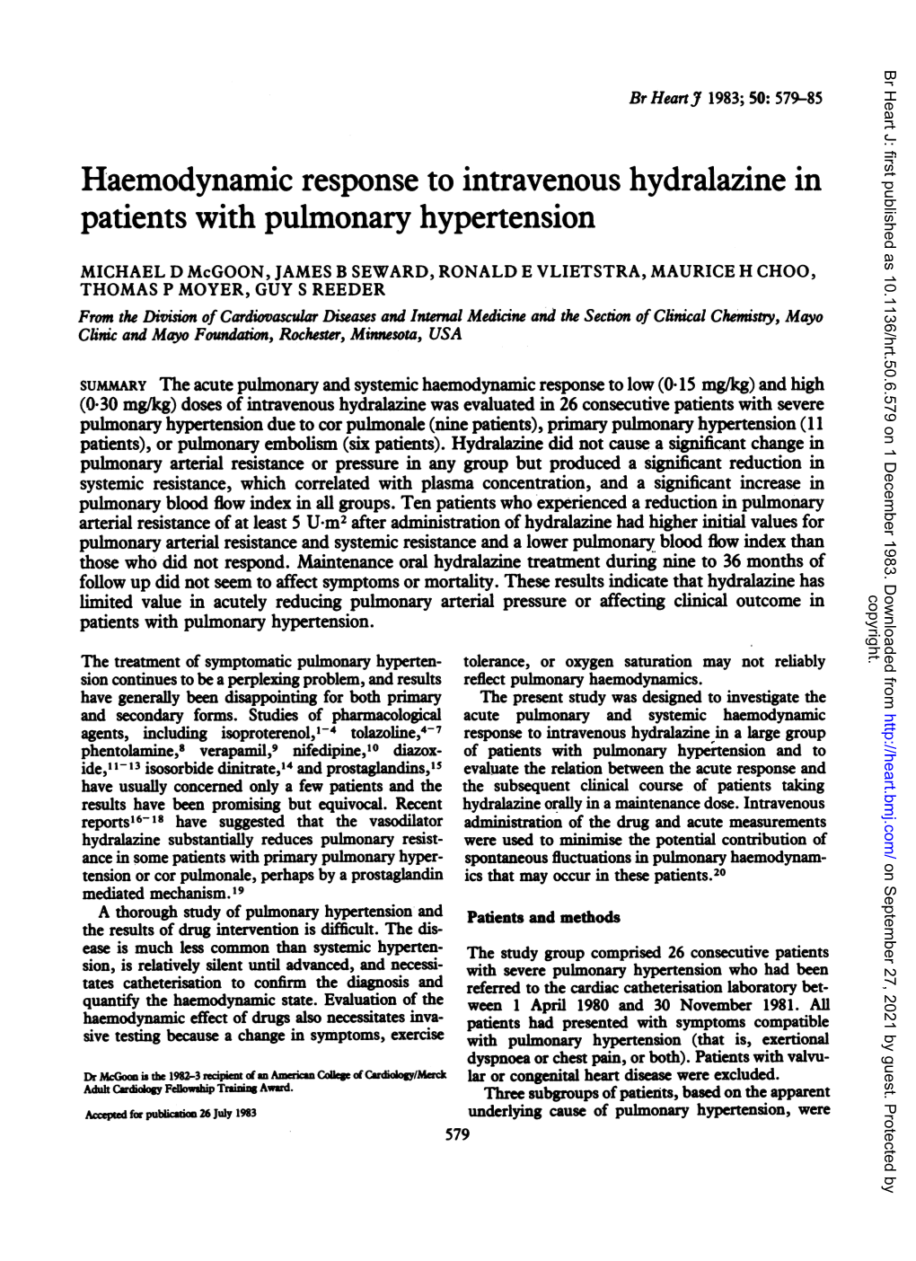 Haemodynamic Response to Intravenous Hydralazine in Patients with Pulmonary Hypertension
