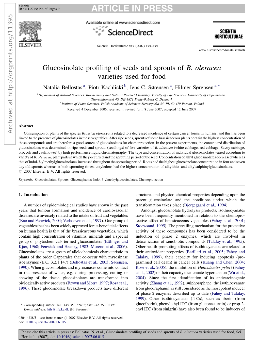 Glucosinolate Profiling of Seeds and Sprouts of B. Oleracea Varieties