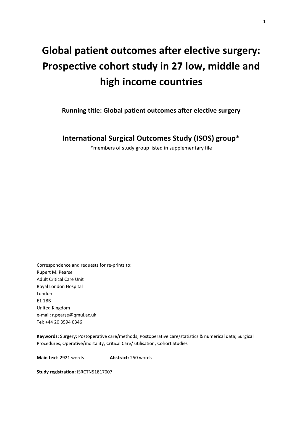 Global Patient Outcomes After Elective Surgery: Prospective Cohort Study in 27 Low, Middle and High Income Countries