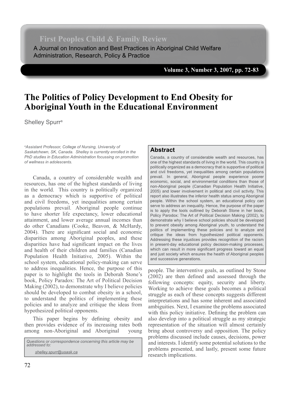 The Politics of Policy Development to End Obesity for Aboriginal Youth in the Educational Environment