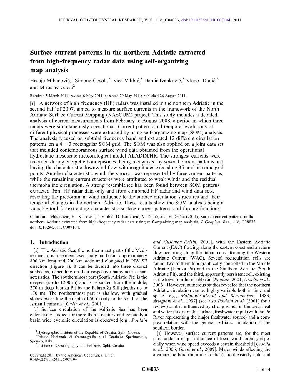 Surface Current Patterns in the Northern Adriatic Extracted From