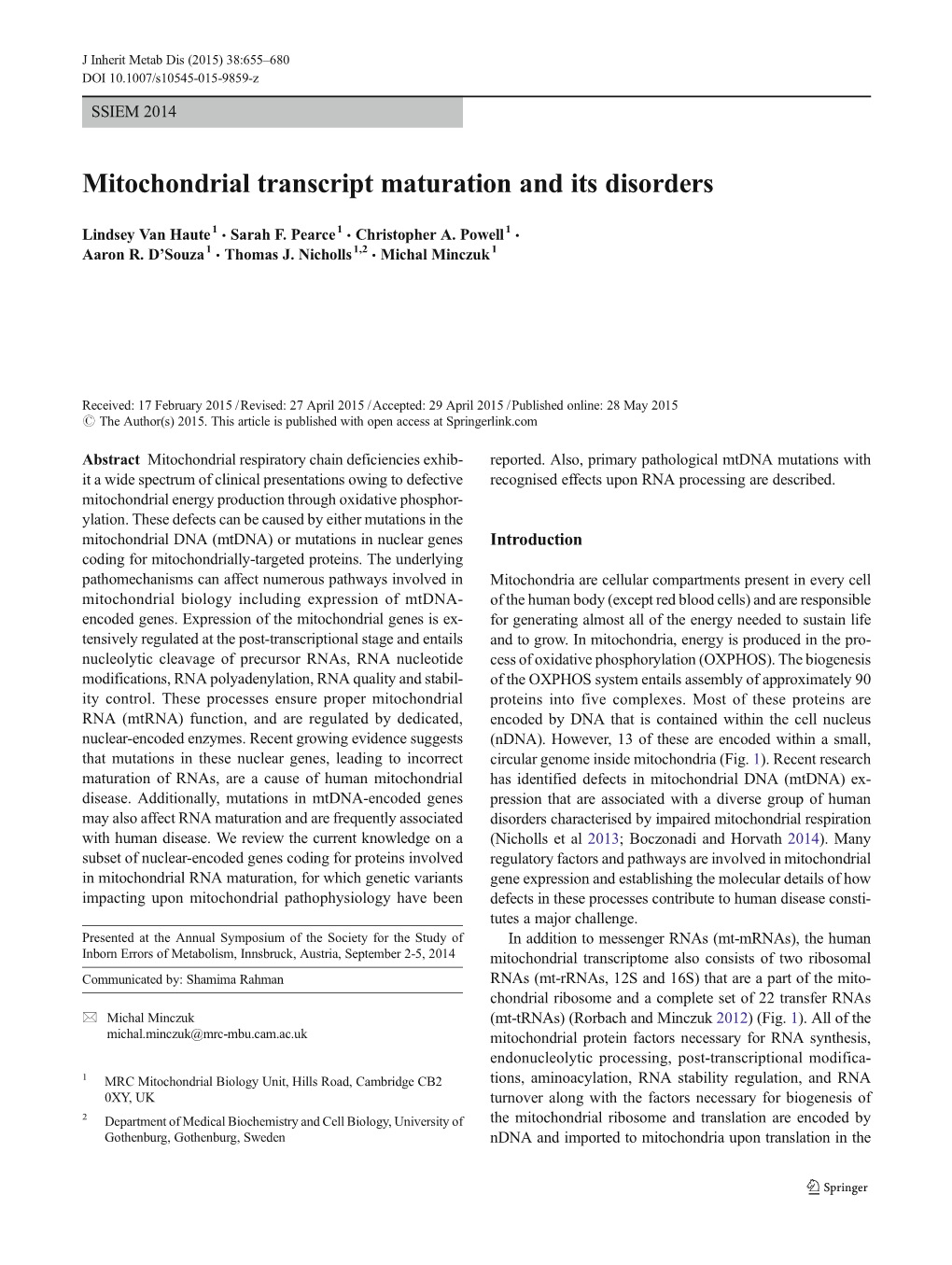 Mitochondrial Transcript Maturation and Its Disorders