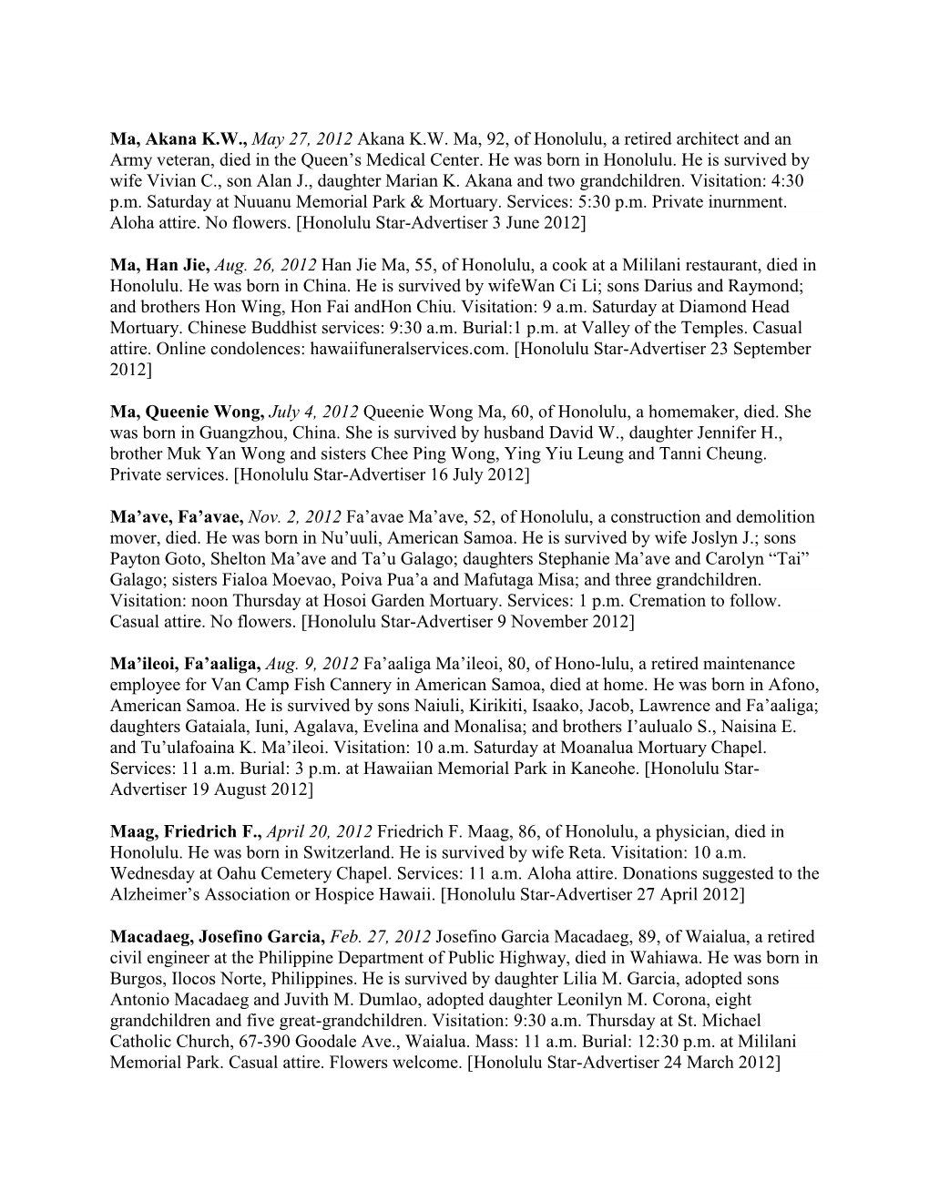 Ma, Akana K.W., May 27, 2012 Akana K.W. Ma, 92, of Honolulu, a Retired Architect and an Army Veteran, Died in the Queen’S Medical Center