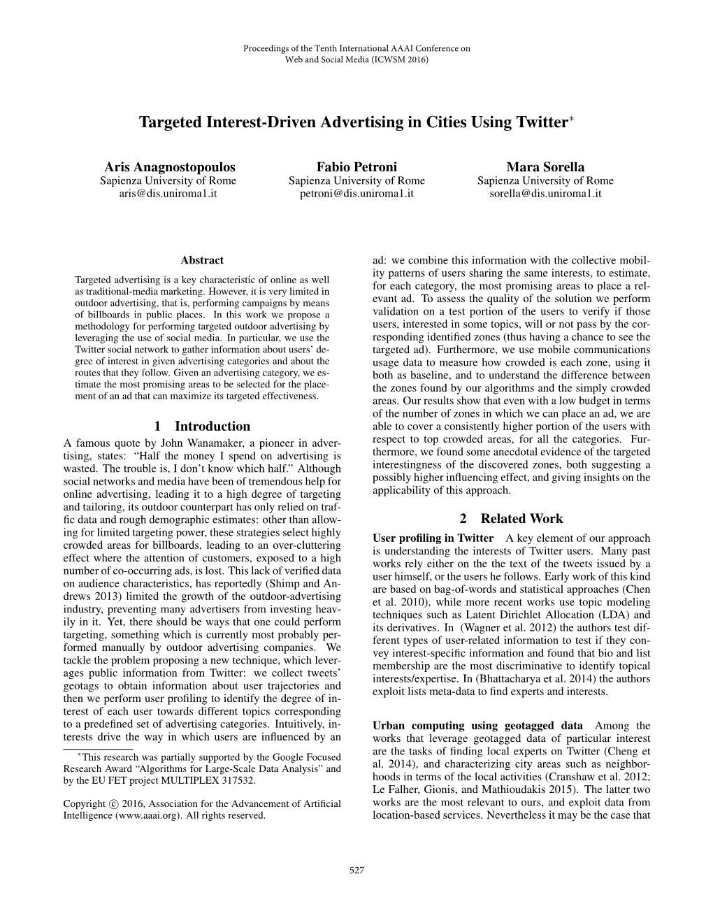 Targeted Interest-Driven Advertising in Cities Using Twitter∗