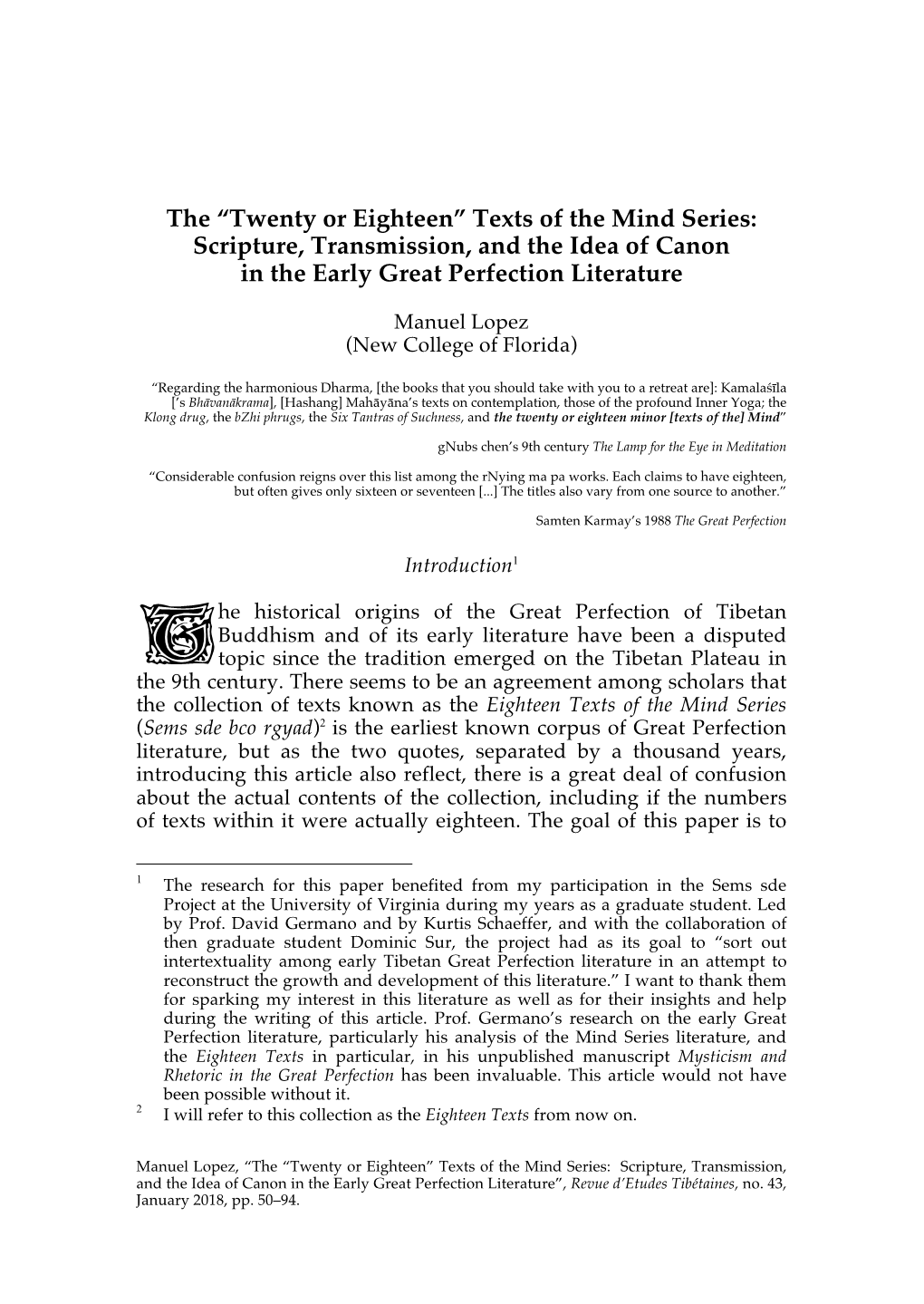 The “Twenty Or Eighteen” Texts of the Mind Series: Scripture, Transmission, and the Idea of Canon in the Early Great Perfection Literature