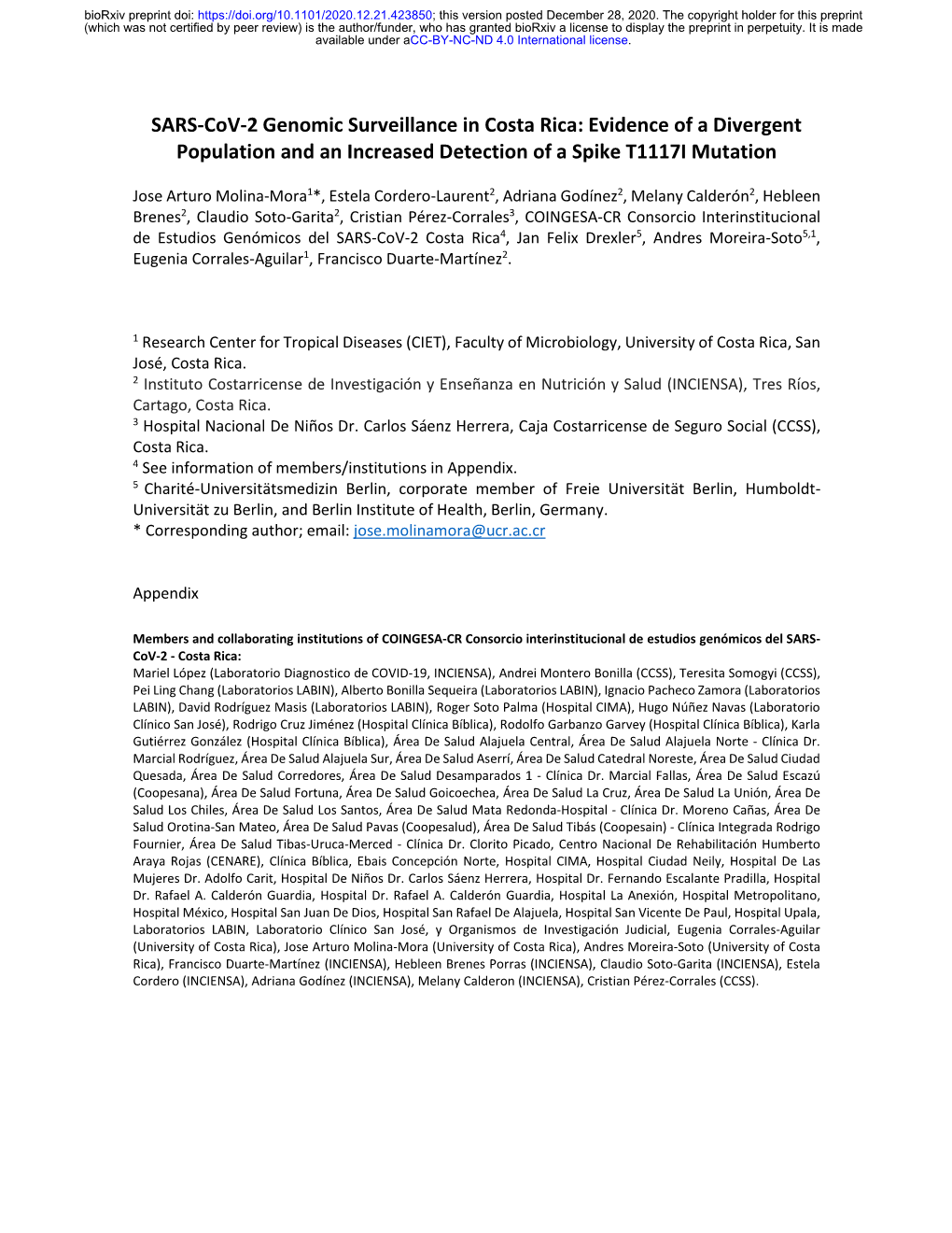 SARS-Cov-2 Genomic Surveillance in Costa Rica: Evidence of a Divergent Population and an Increased Detection of a Spike T1117I Mutation