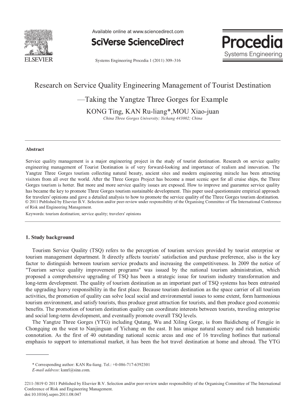 Research on Service Quality Engineering Management of Tourist Destinationﾖtaking the Yangtze Three Gorges for Example