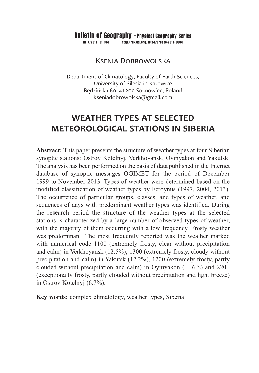 Weather Types at Selected Meteorological Stations in Siberia